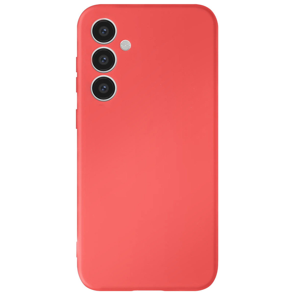 Una custodia per telefono color corallo con un modulo fotocamera con tre lenti e un flash. I pulsanti del volume sono sul lato.