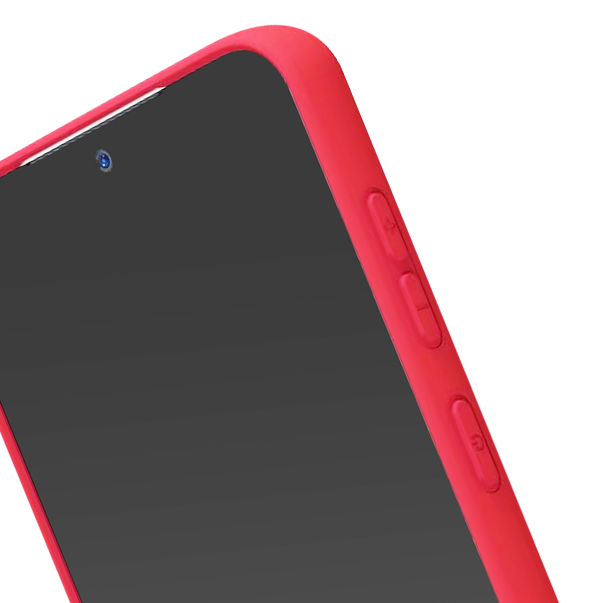 Primo piano di uno smartphone in una custodia rossa. Lo schermo è nero e i pulsanti del volume sono visibili.