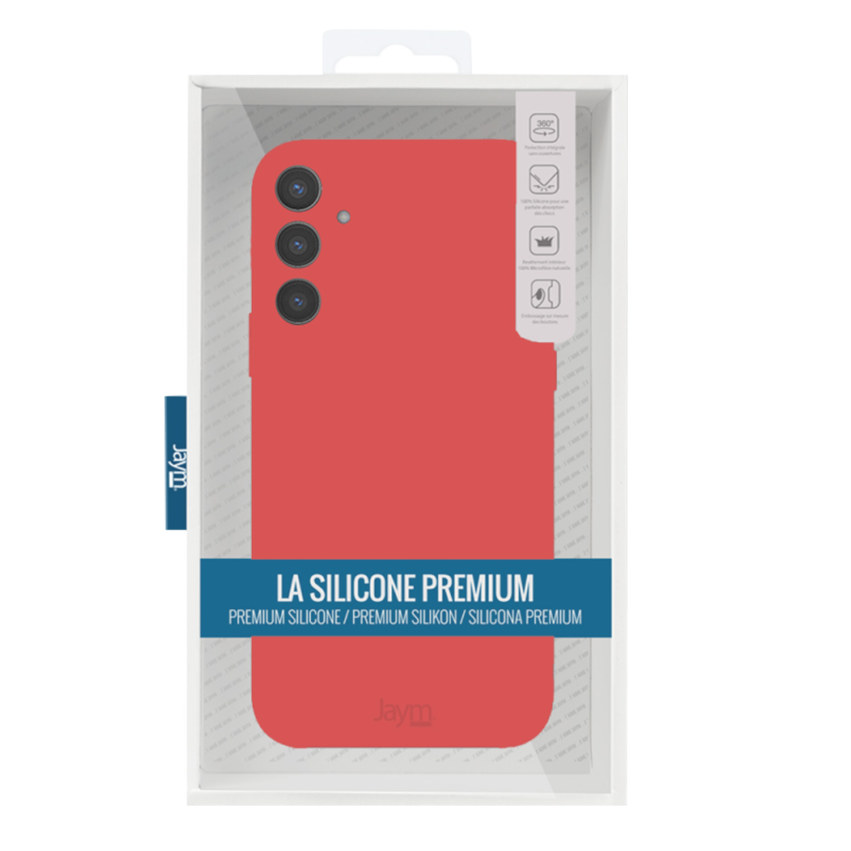 Custodia per telefono in silicone rosso in una scatola di plastica trasparente. Testo: LA SILICONE PREMIUM. Logo del marchio: Jaym. Con icone.