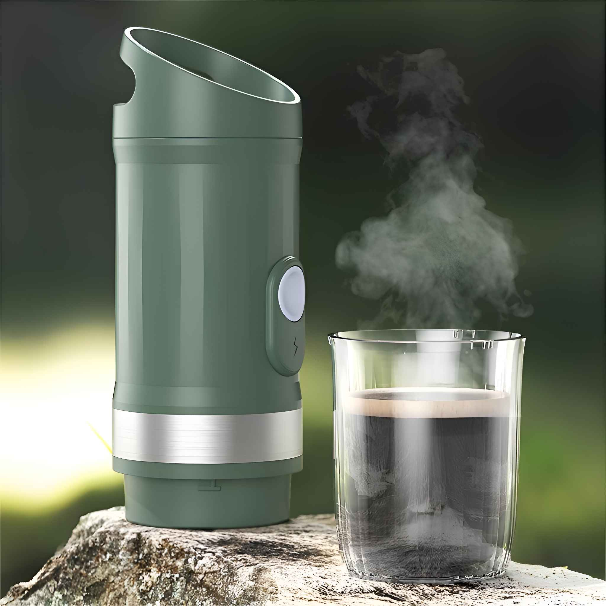 Grüner elektrischer Reisekessel mit einem Glas Kaffee. Dampf steigt vom Kaffee auf. Er steht auf einem Felsen in natürlicher Umgebung.