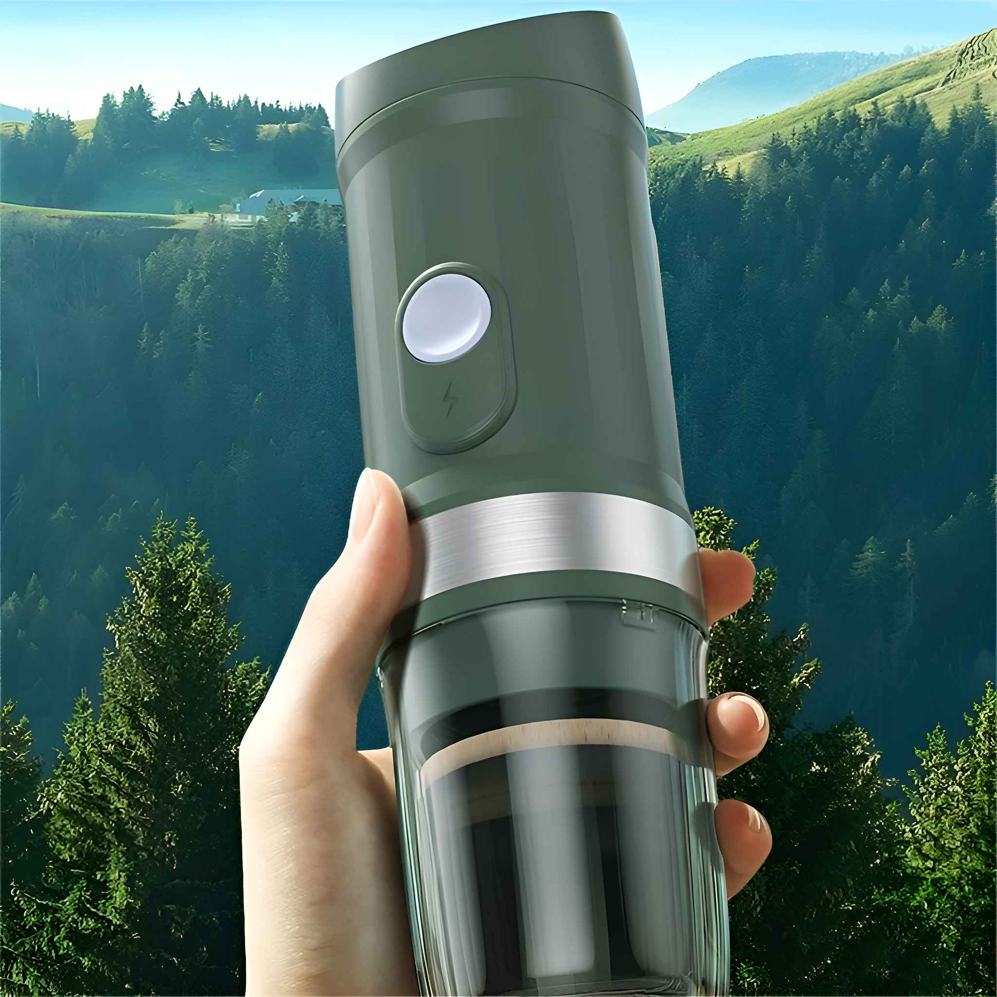 Eine Hand hält einen grünen Kaffeezubereiter. Der Hintergrund zeigt einen Wald und Berge.