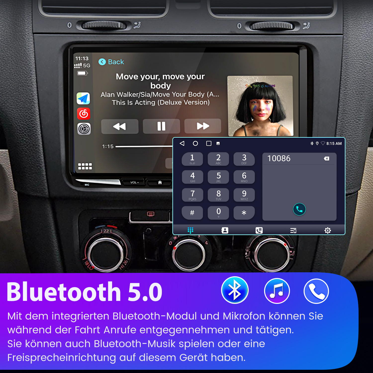 Auto-Armaturenbrett mit Bildschirm, der Musik und eine Tastatur zeigt. Bluetooth 5.0 wird unten beworben.