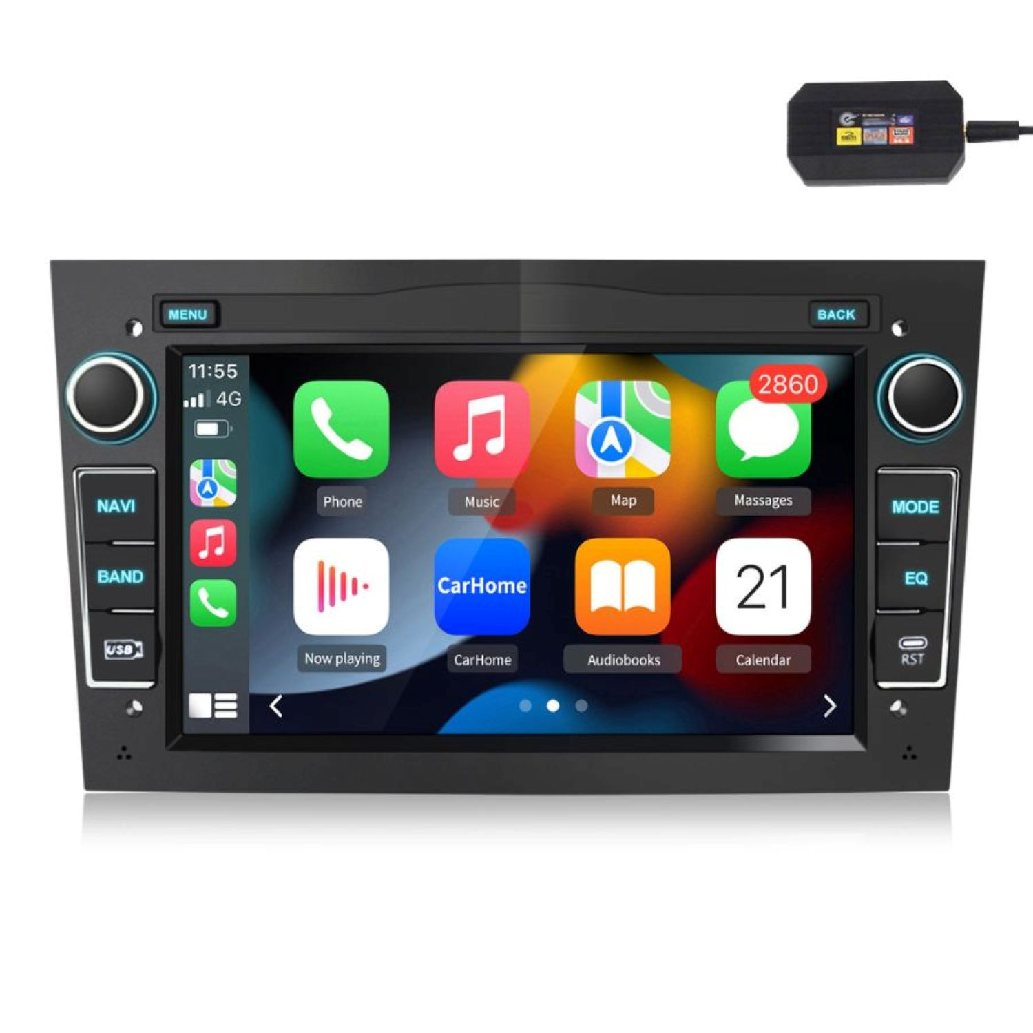Auto-Multimedia-System mit Touchscreen mit App-Symbolen. Ein kleines schwarzes Gerät befindet sich darüber. Knöpfe an den Seiten.