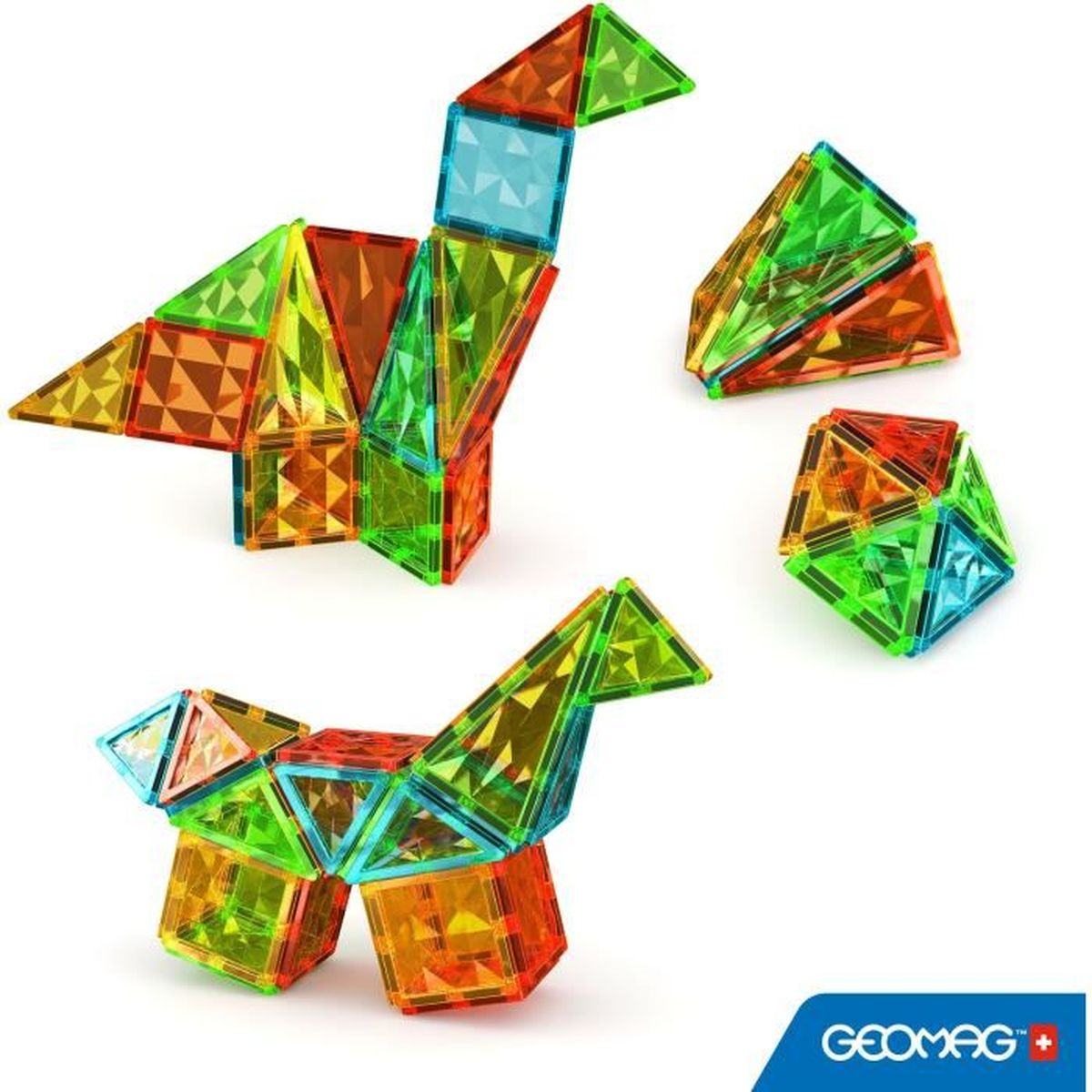 Bunte geometrische Formen aus transparentem Kunststoff, darunter ein Dinosaurier, ein Hund und zwei weitere Formen auf weißem Hintergrund.