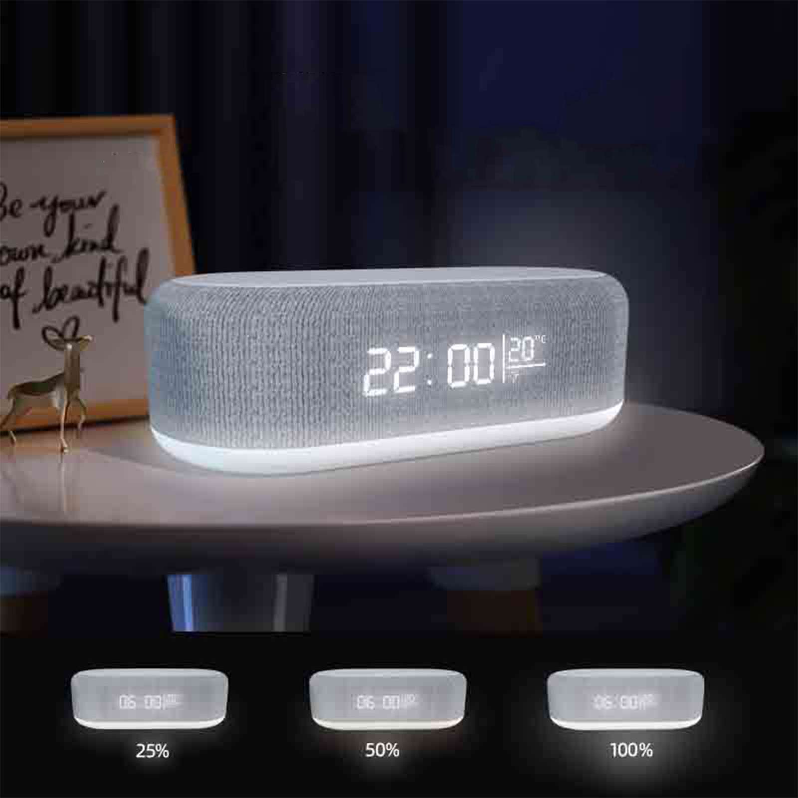 Eine Digitaluhr zeigt 22:00 und 20°C an. Eine kleine Hirschfigur und eine gerahmte Nachricht liegen auf einem Tisch.