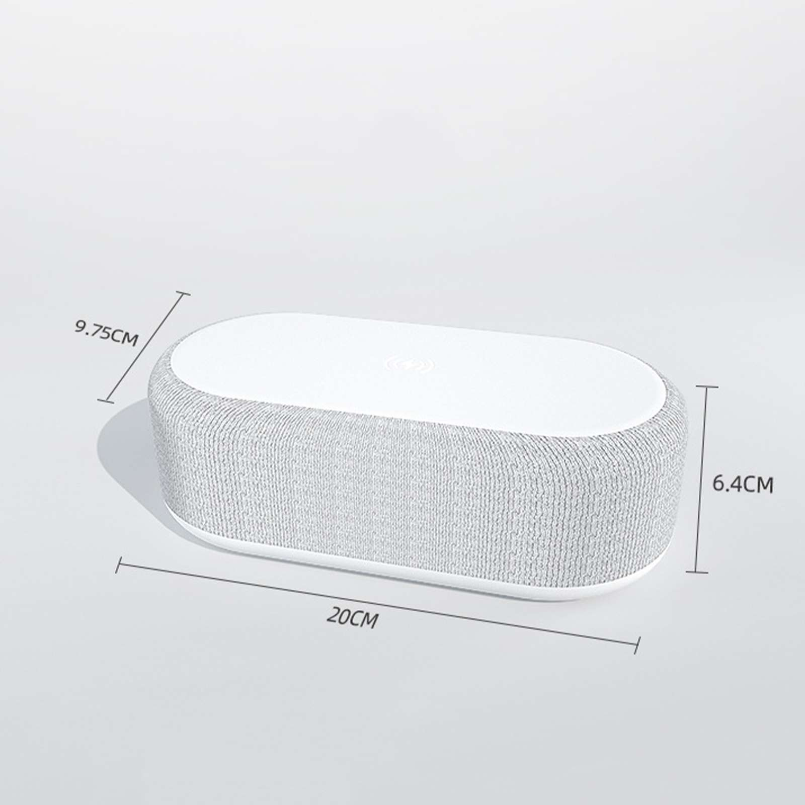 Eine längliche, weiß-graue Box mit folgenden Maßen: 20 cm lang, 9,75 cm breit, 6,4 cm hoch. Weiße Oberseite, graue strukturierte Seiten.