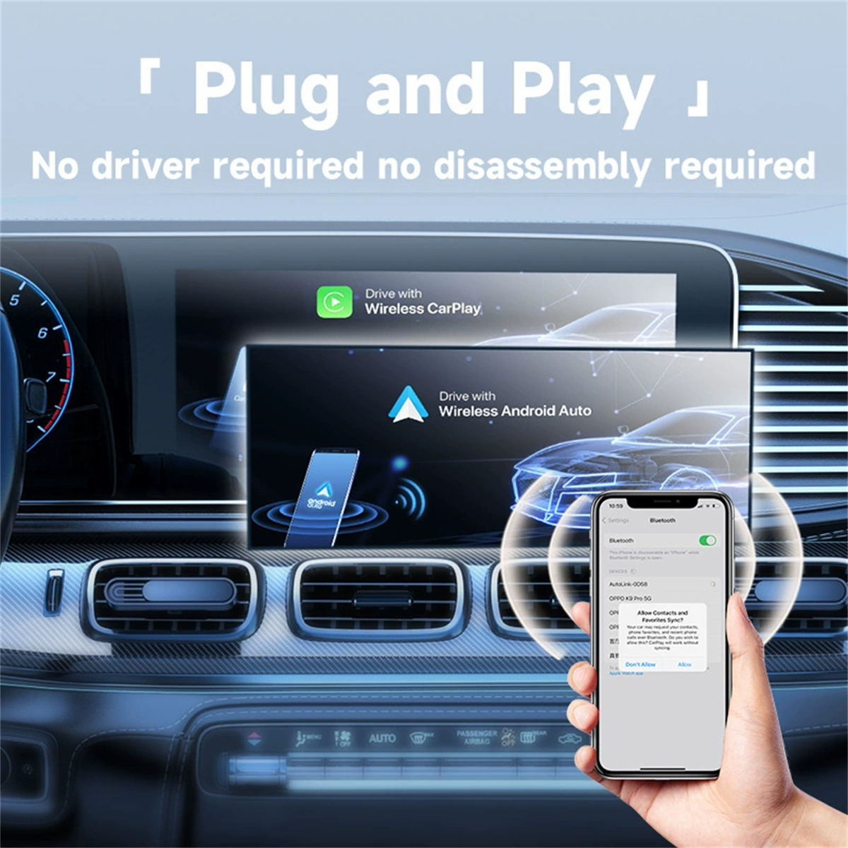 Eine Hand hält ein Telefon mit Bluetooth-Einstellungen. Armaturenbrett im Hintergrund mit Bildschirmen für Wireless CarPlay und Android Auto.