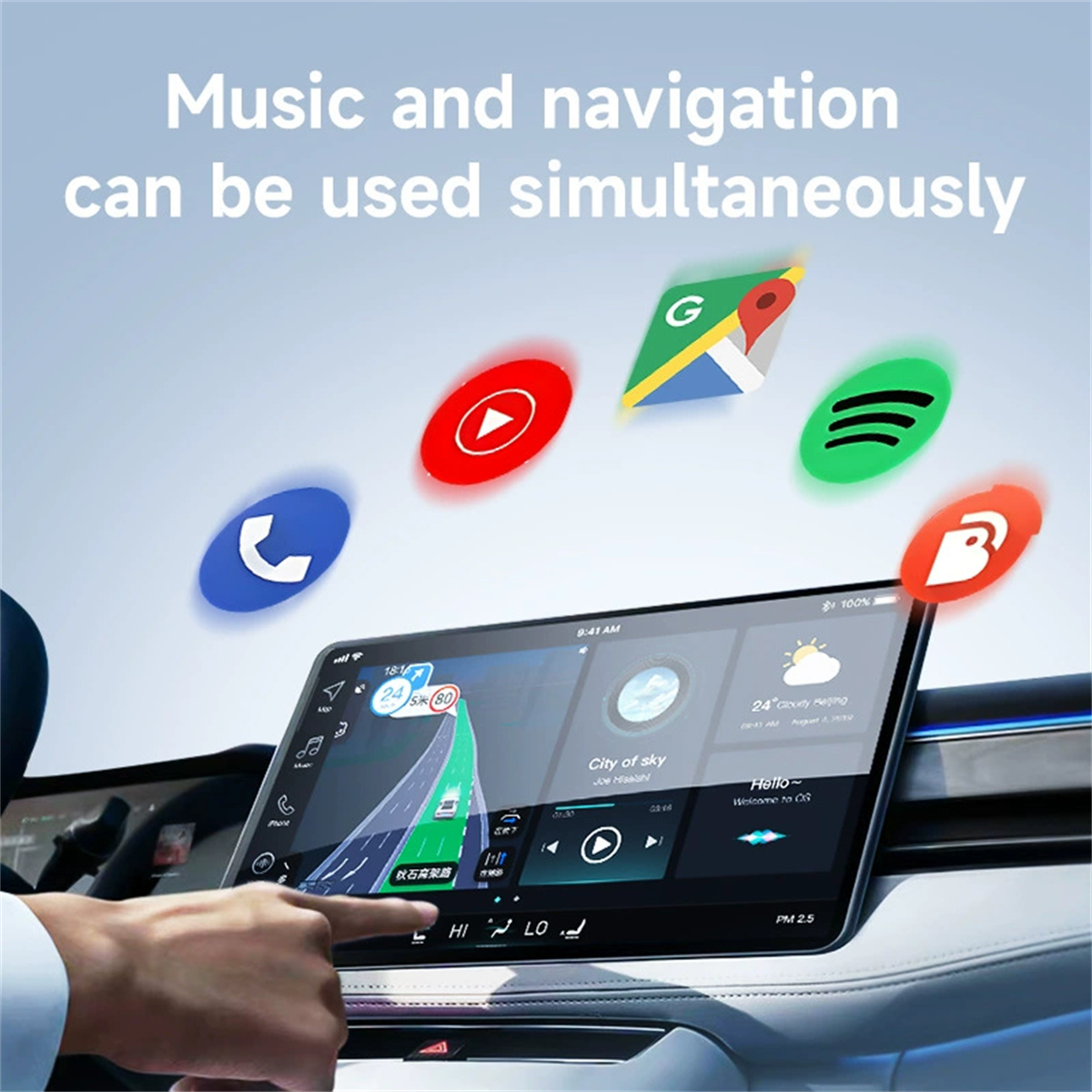 Auto-Dashboard mit Navigations- und Musik-Apps. Eine Hand berührt den Bildschirm. Symbole verschiedener Apps schweben darüber.