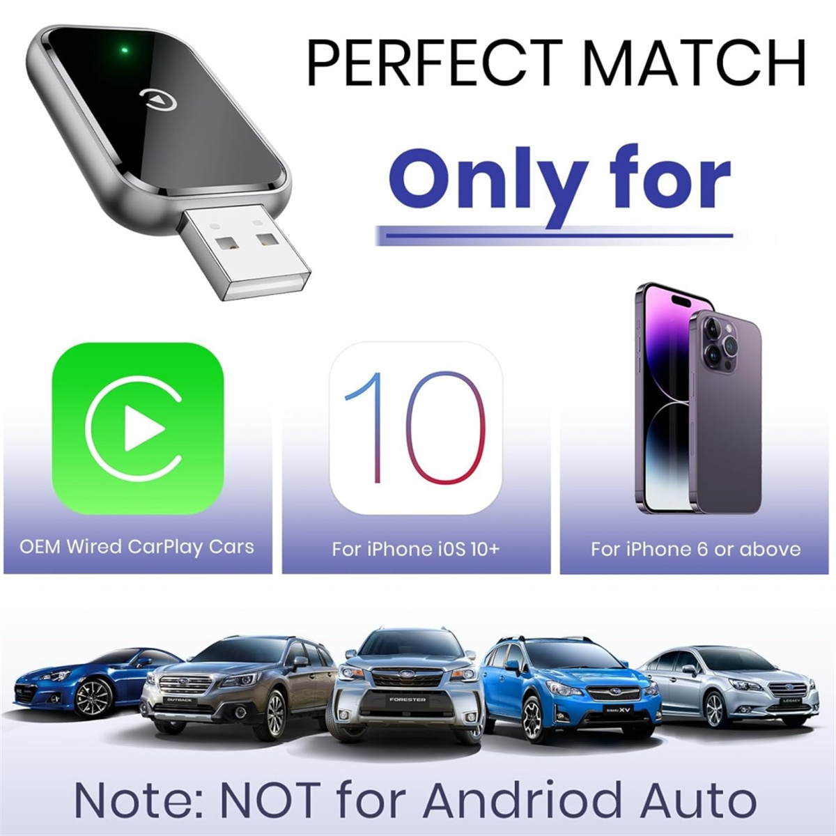 Das Bild zeigt einen USB-Adapter, iPhones und Autos, mit Text, der darauf hinweist, dass es für CarPlay und iPhone iOS 10+ ist.