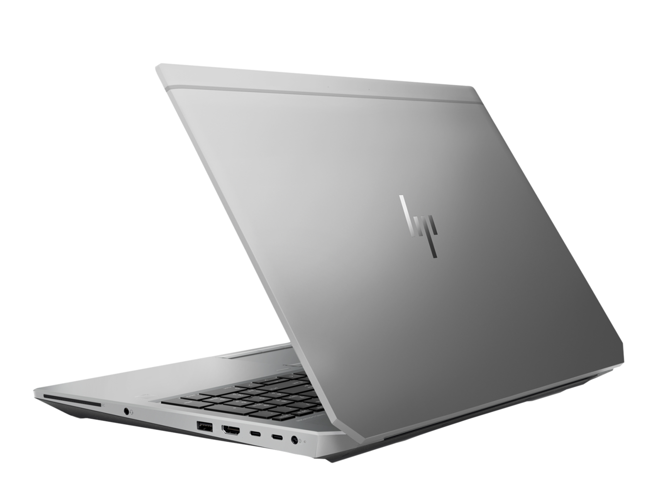 Ein silberner HP-Laptop ist geöffnet und zeigt die Tastatur. Der Deckel ist leicht geöffnet und zeigt das HP-Logo. Schwarzer Hintergrund.