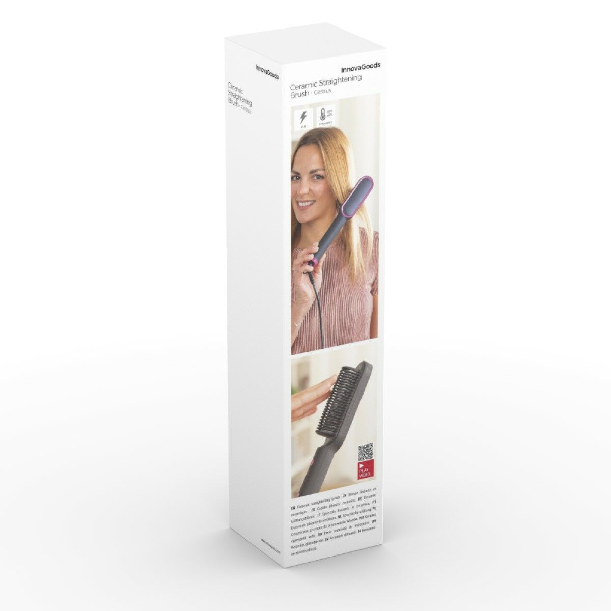 Eine Frau lächelt und hält eine Keramik-Glättungsbürste. Die Schachtel zeigt das Produkt mit dem Text 'Keramik-Glättungsbürste'.