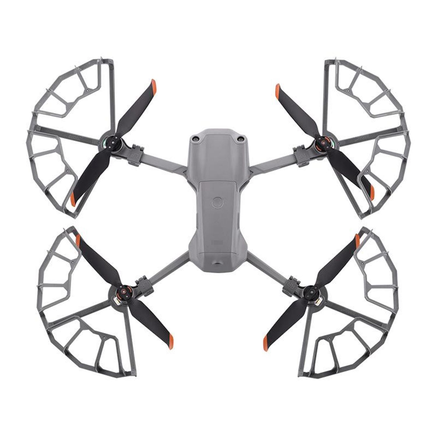 Eine graue Drohne mit vier schwarzen Propellern und Schutzgittern. Die Propeller haben orangefarbene Spitzen. Der Hintergrund ist weiß.