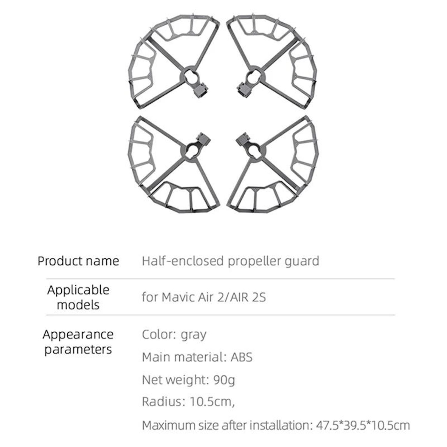 Graue, halbgeschlossene Propellerschutzvorrichtungen für Mavic Air 2/Air 2S Drohnen, mit Produktspezifikationen unter dem Bild.