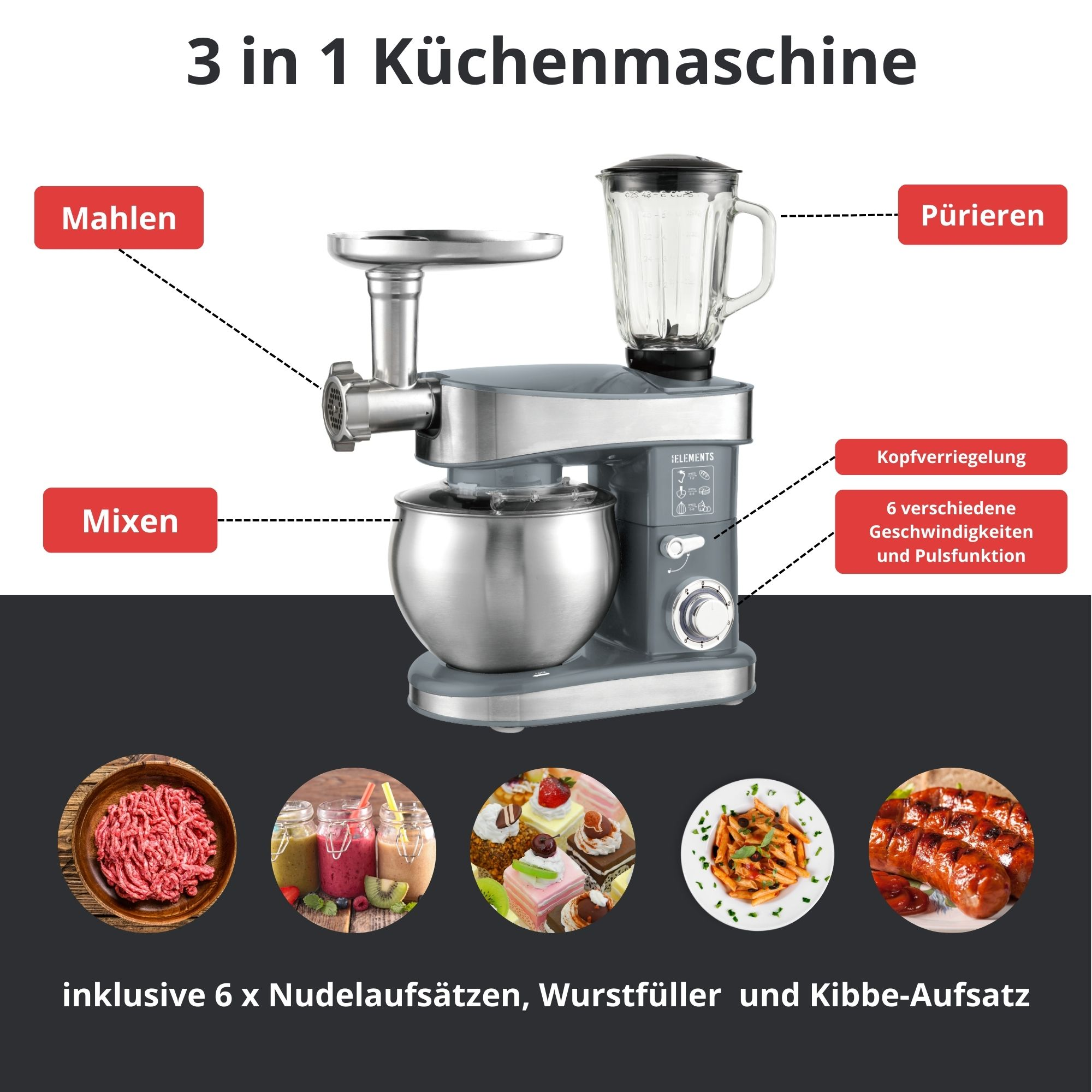 Eine 3-in-1-Küchenmaschine mit Mix-, Mahl- und Mixeraufsätzen. Inklusive Wurstfüller und Nudelaufsätzen.