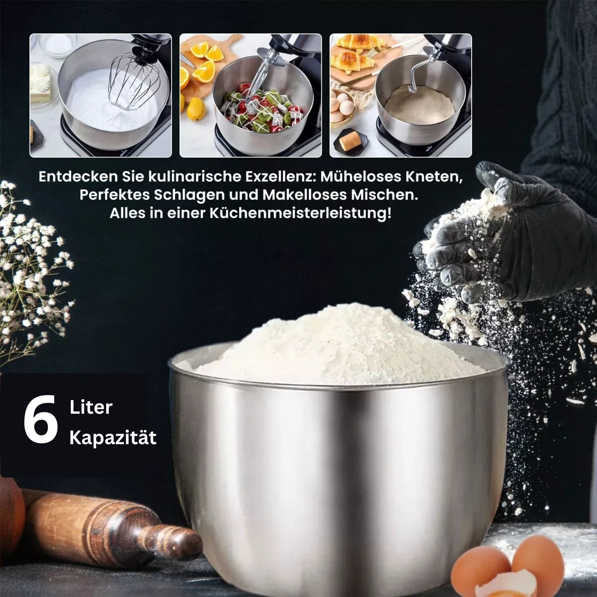 Ein Mixer mit drei inset Bildern: Schneebesen, Mischen von Früchten und Kneten von Teig. Eine Schüssel mit Mehl, Eiern und einem Nudelholz.