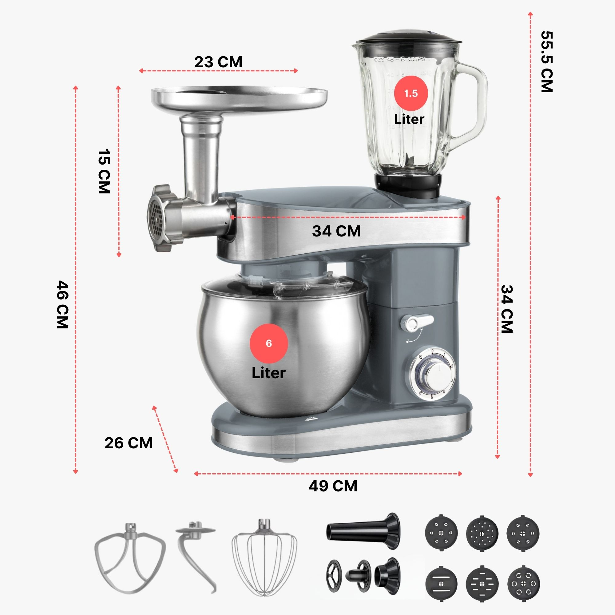 Graues Küchengerät mit Aufsätzen, darunter Fleischwolf, Mixer und Rührschüssel. Abmessungen und Fassungsvermögen sind angegeben.