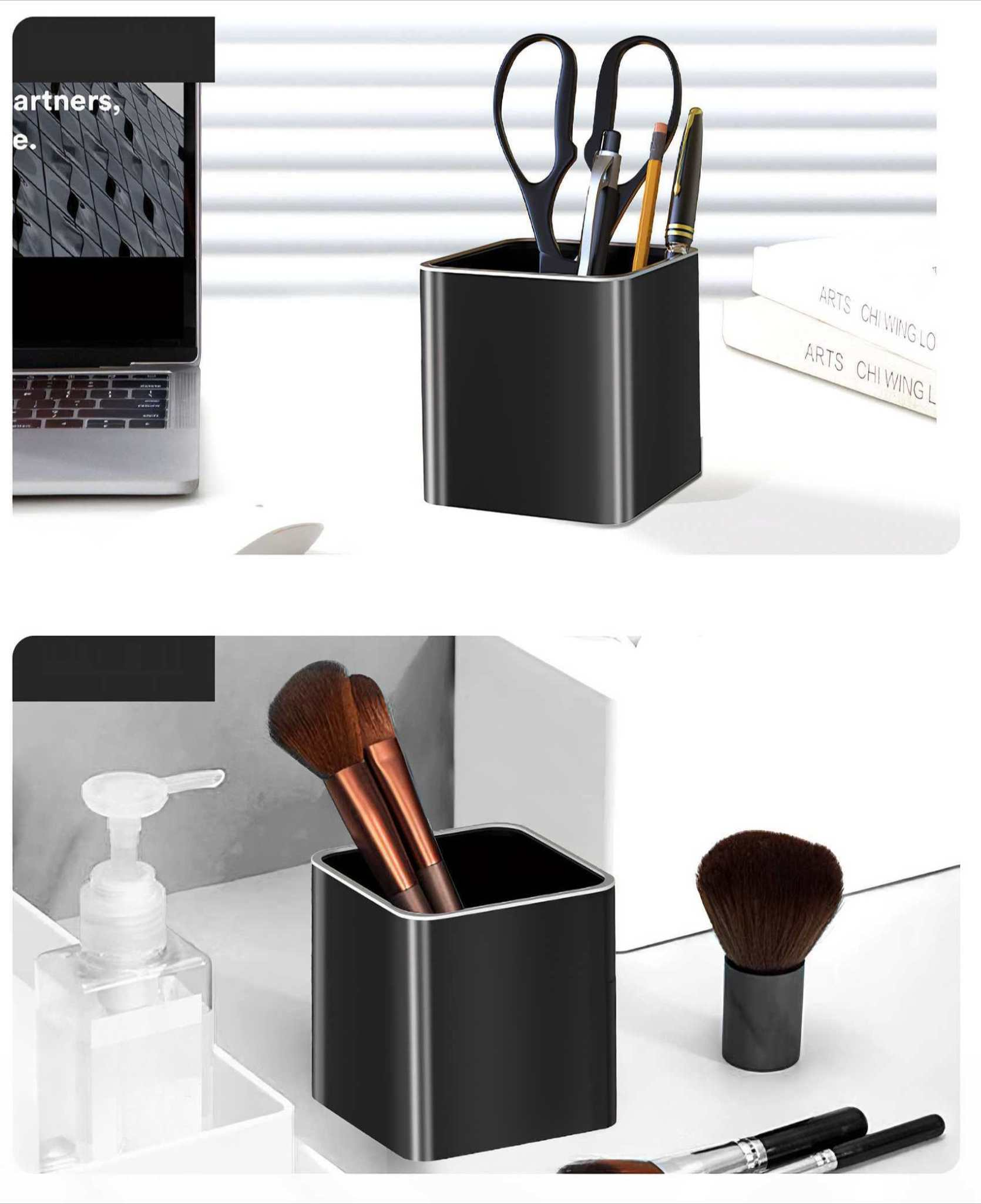 Schwarzer Schreibtisch-Organizer mit Schere, Stiften und Bleistiften. Daneben ein Laptop und zwei Bücher. Unten Make-up-Pinsel und ein Seifenspender.