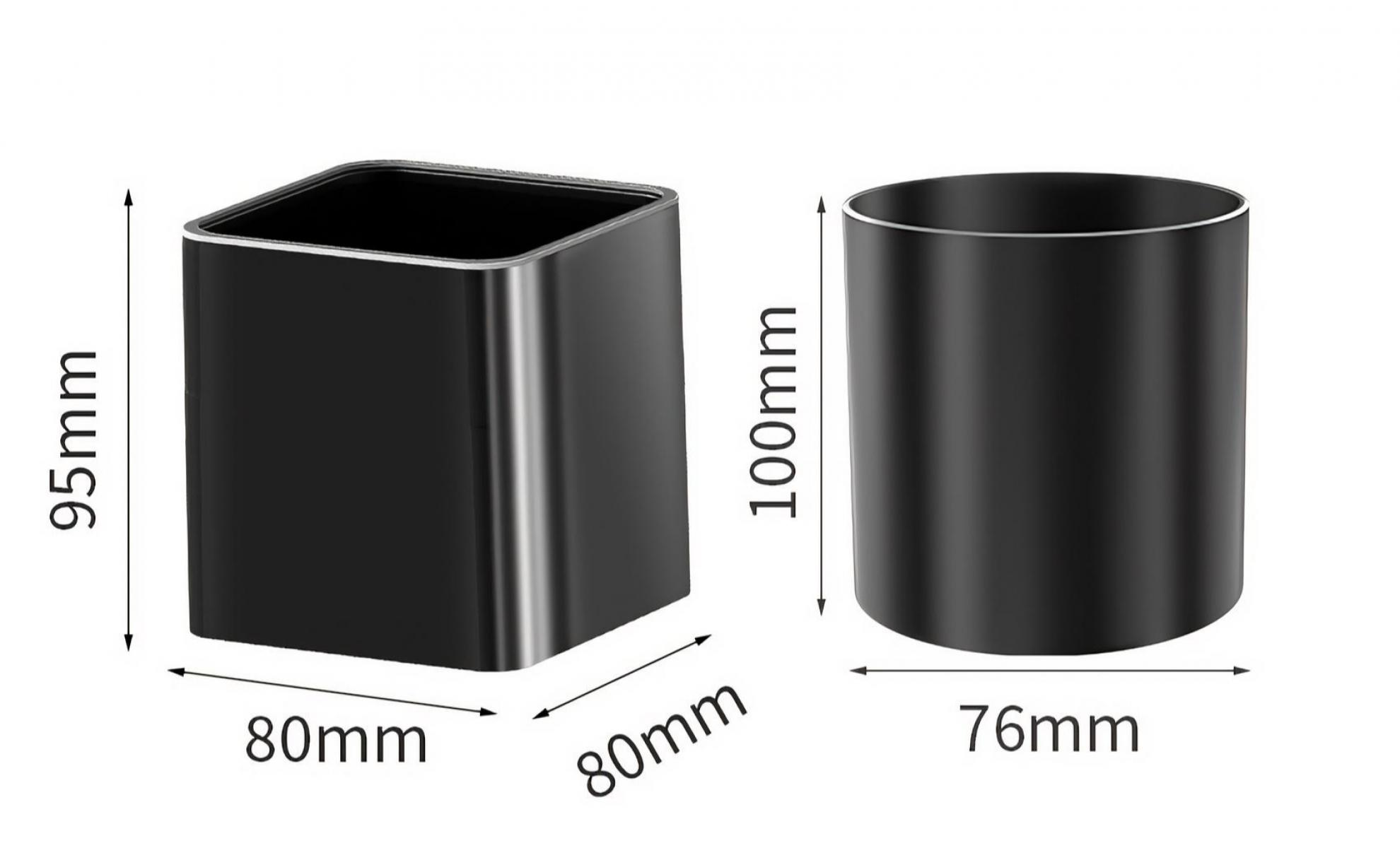 Zwei schwarze Behälter: ein quadratischer (95 mm x 80 mm) und ein runder (100 mm x 76 mm). Abmessungen angegeben.