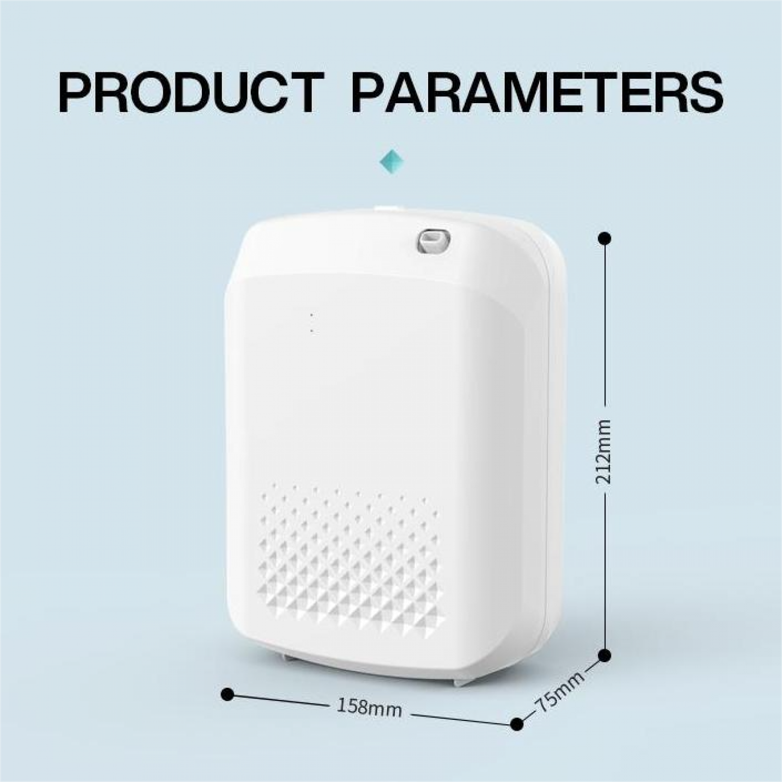 Weißer Luftreiniger mit Abmessungen. Text oben: PRODUKTPARAMETER. Hintergrund hellblau.