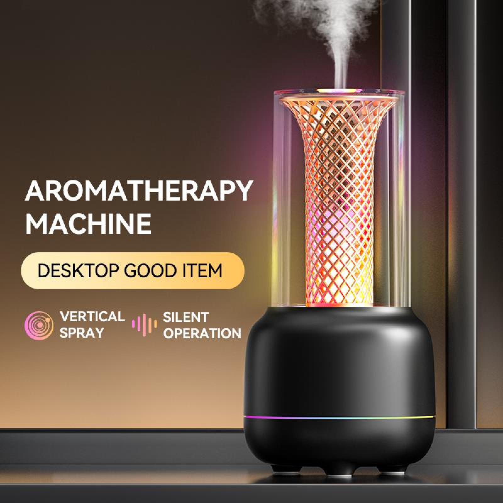 Eine Aromatherapie-Maschine wird angezeigt. Der schwarze Sockel hat ein farbenfrohes Licht. Es sprüht Dampf von oben. Der Hintergrund ist dunkel.