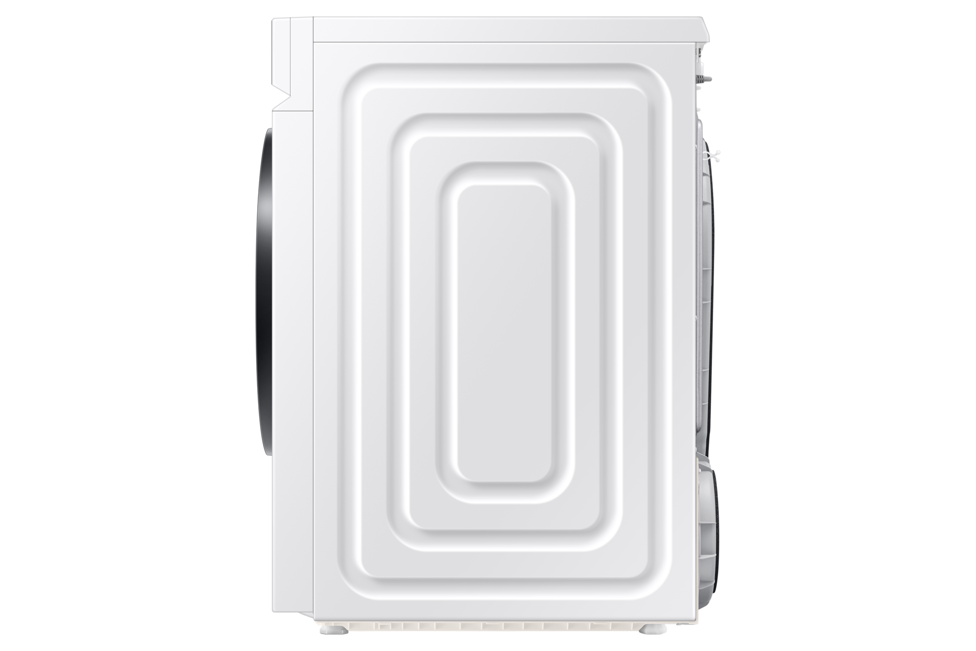 Seitenansicht einer weißen Waschmaschine. Die Rückseite hat ein vertieftes Panel-Design. Die Trommel ist auf der linken Seite sichtbar.