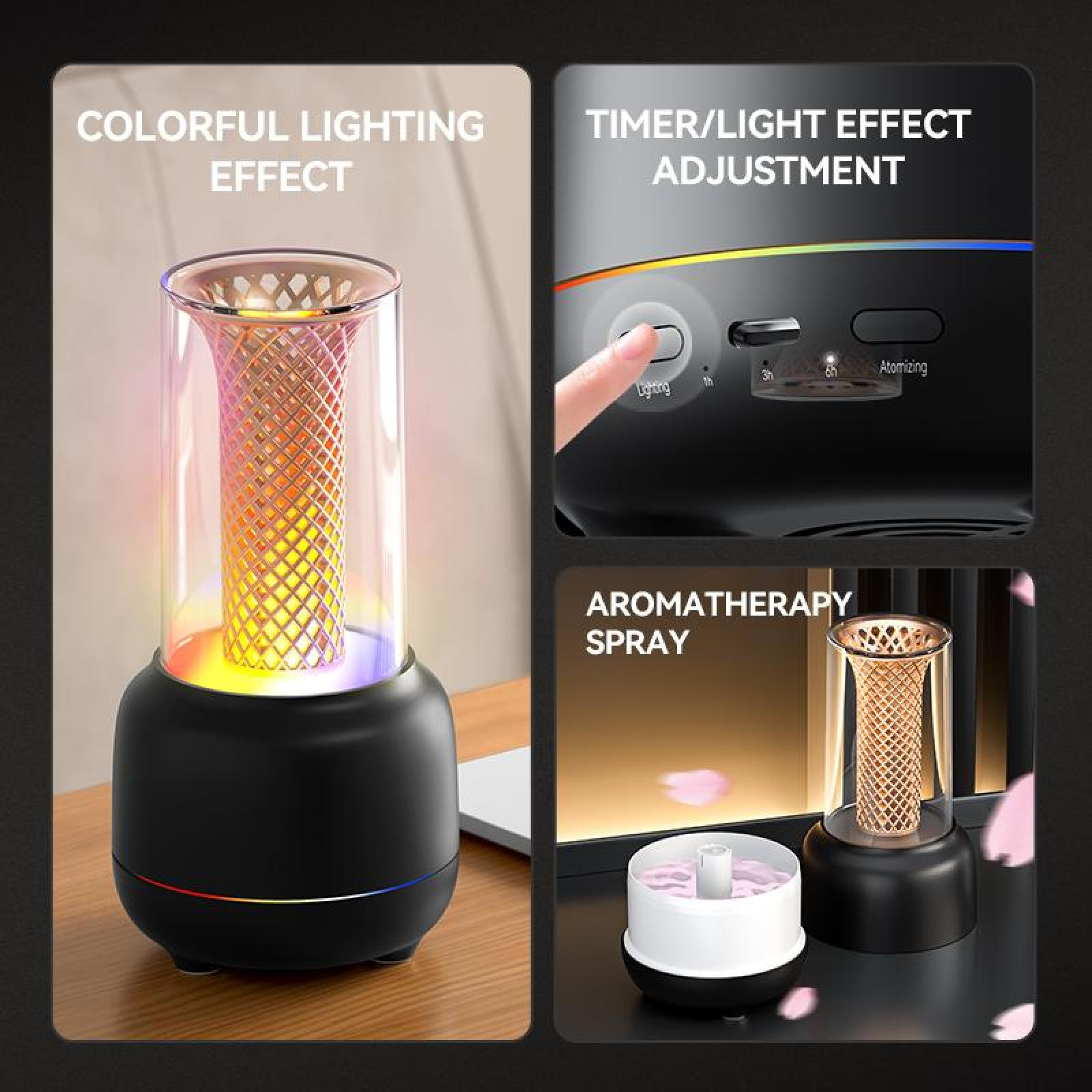 Ein Aromadiffusor mit farbwechselnden Lichtern. Das Gerät hat einen schwarzen Sockel und einen transparenten Aufsatz, mit Bedienelementen an der Seite.