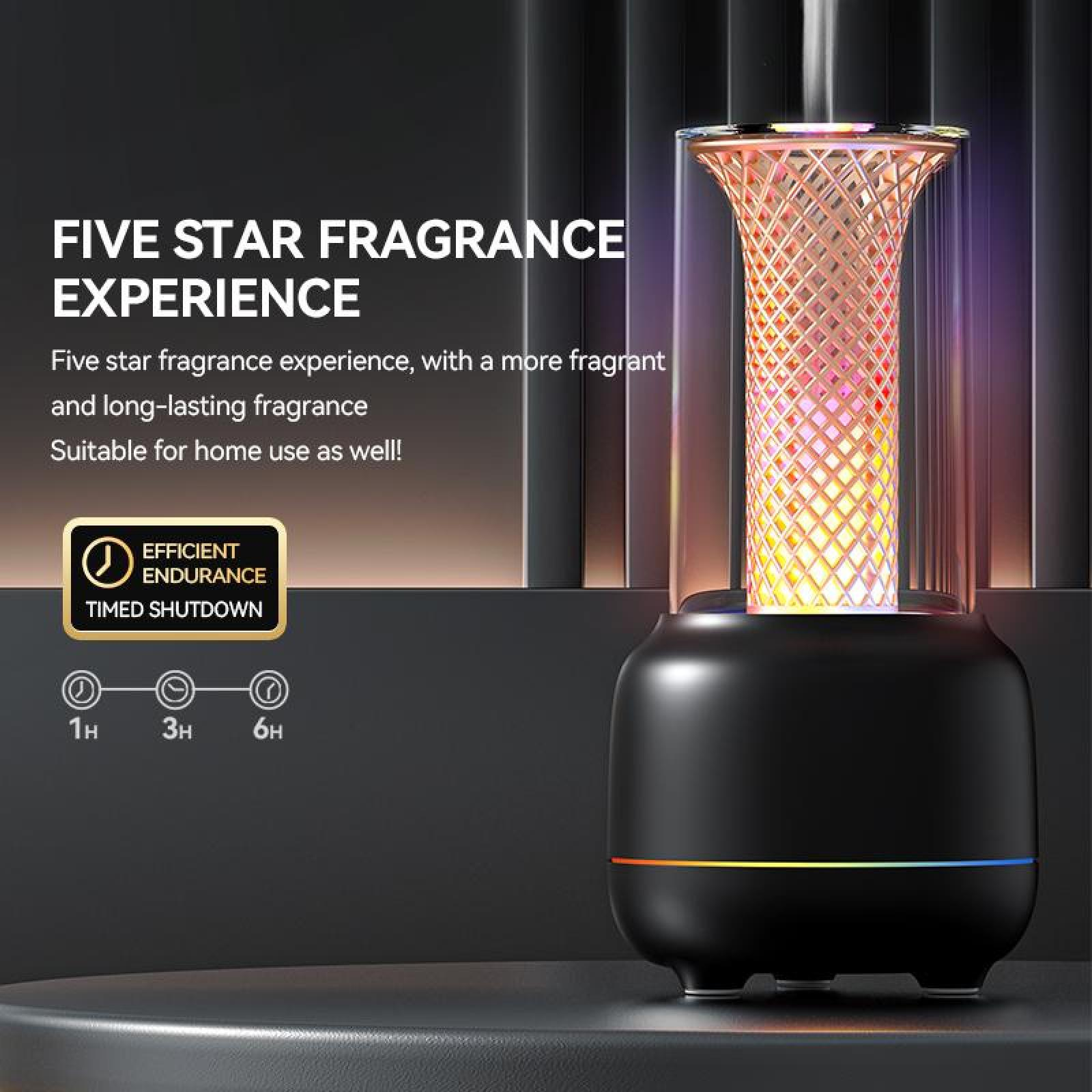 Ein schwarzer Diffusor mit einem leuchtenden orange-gelben Aufsatz. Text überlagert: 'Five Star Fragrance Experience' und 'Timed Shutdown'.