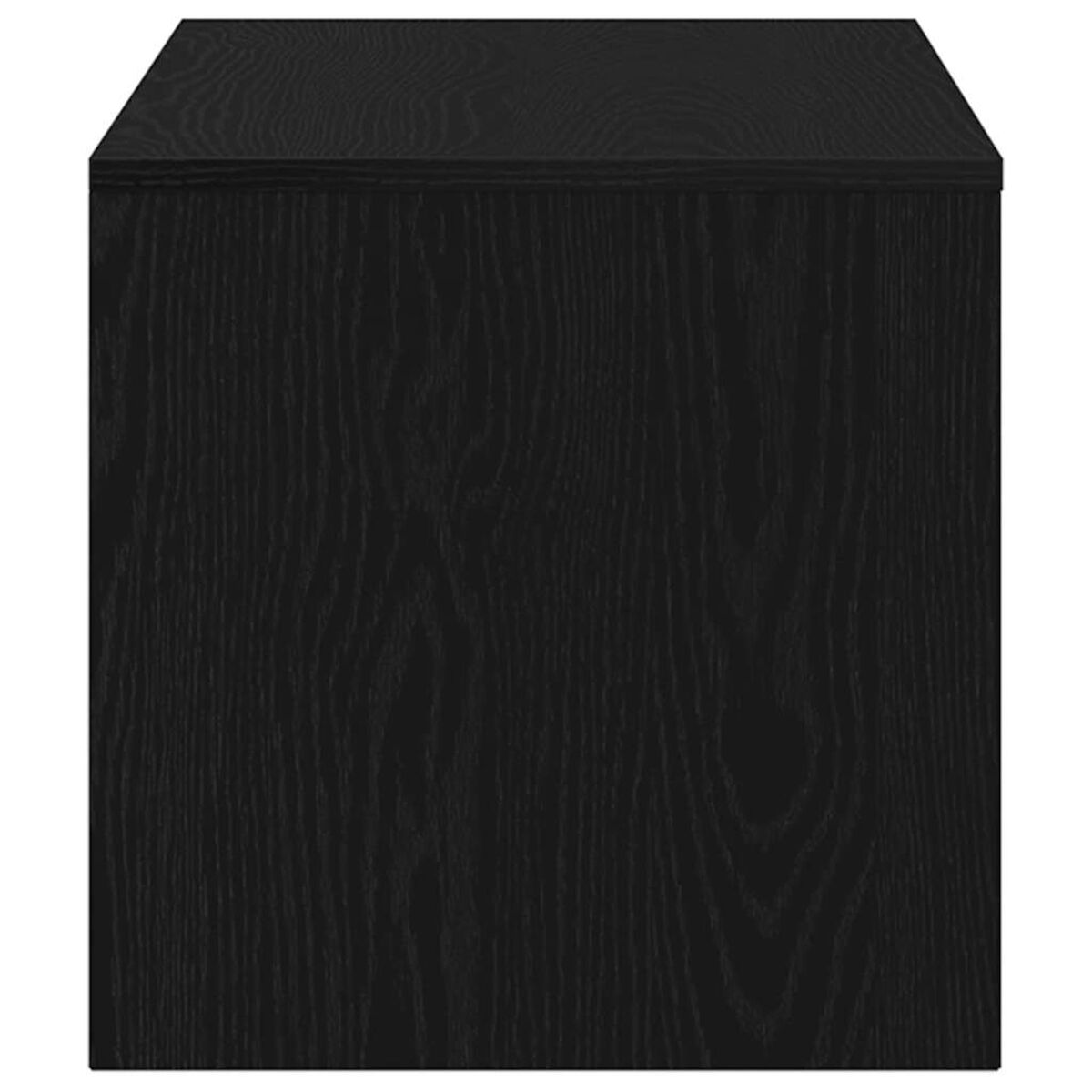 Ein schwarzer Holzwürfel, wahrscheinlich ein Nachttisch oder ein kleiner Schrank, mit sichtbarer Maserung.