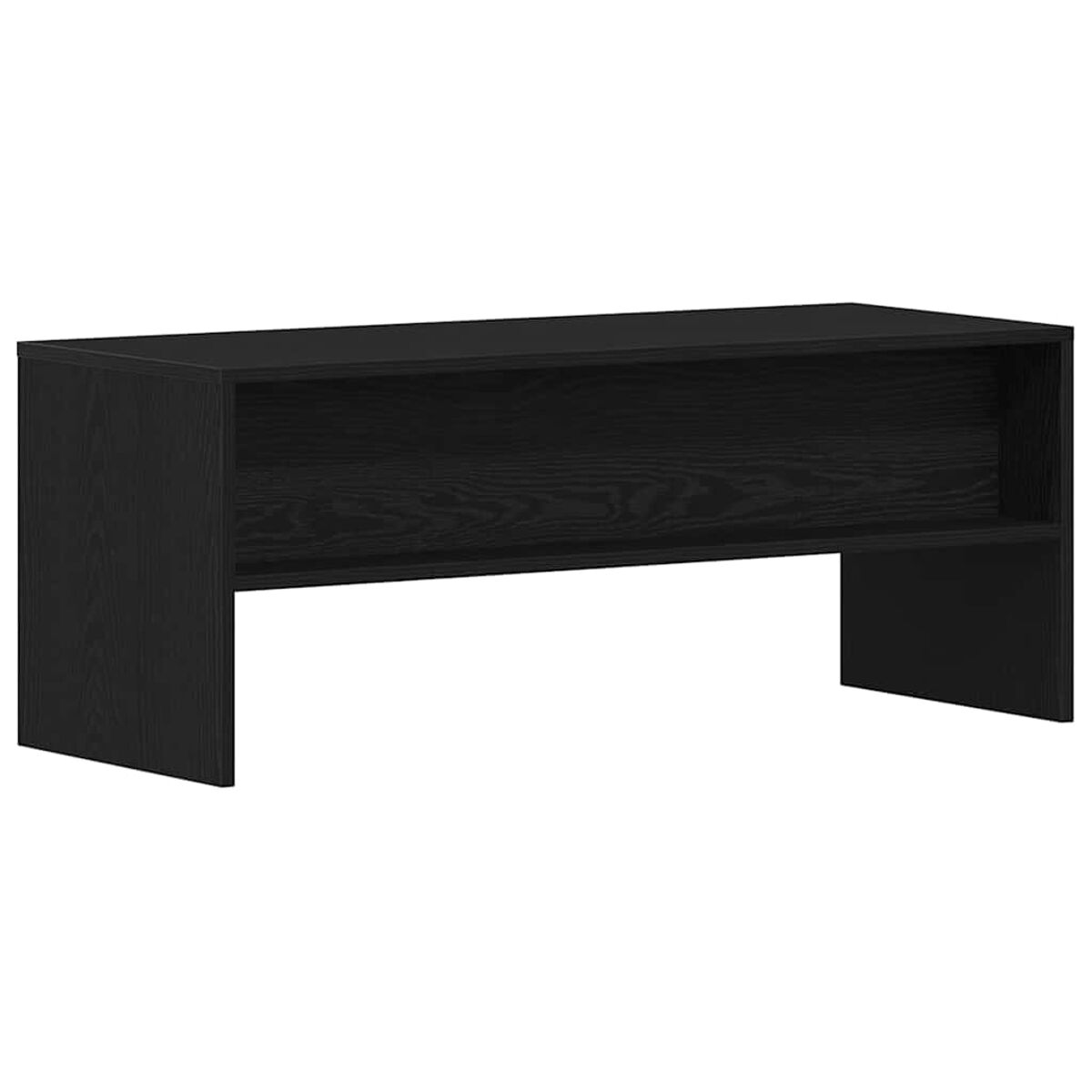 Ein schwarzer Holzschreibtisch mit zwei offenen Fächern. Es hat ein schlichtes, rechteckiges Design, das sich für die Aufbewahrung und Präsentation eignet.