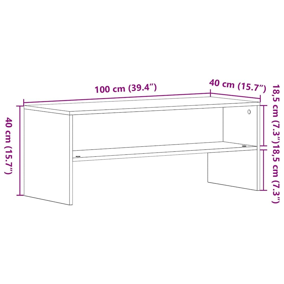 Diagramm eines weißen rechteckigen Regals mit den Maßen: 100 cm (39,4") lang, 40 cm (15,7") breit und 40 cm (15,7") hoch, mit einem Innenregal.