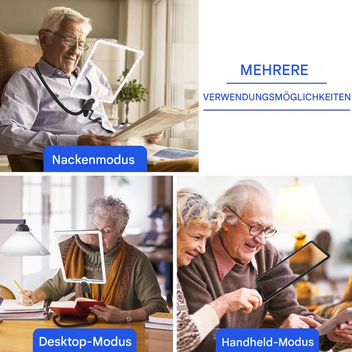 Das Bild zeigt drei Verwendungsarten einer Lupe: Nacken-, Desktop- und Handheld-Modus, mit älteren Menschen.