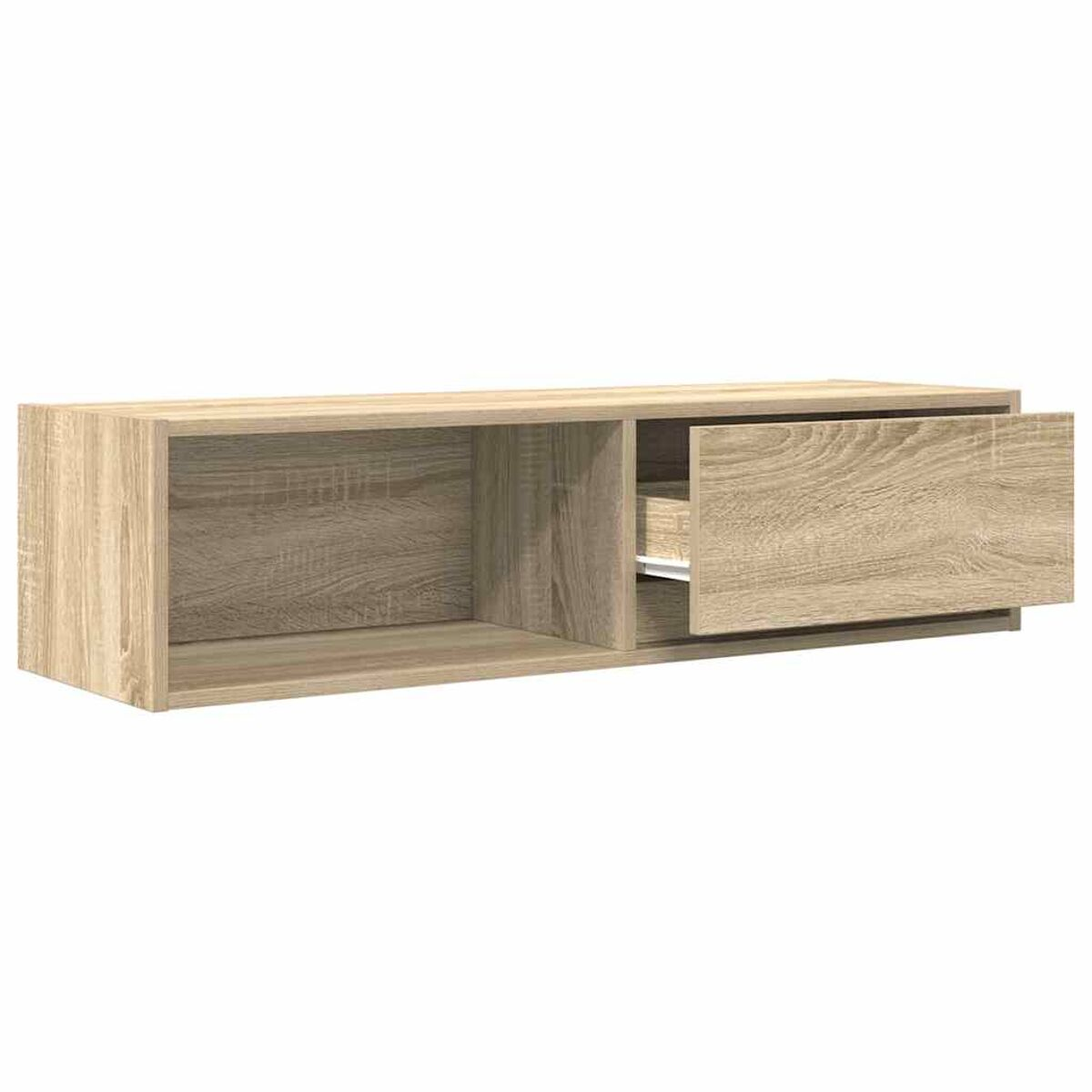 Ein hellbrauner Wandkasten aus Holz mit einem offenen Fach, einer teilweise geöffneten Schublade und einem kleineren Fach.