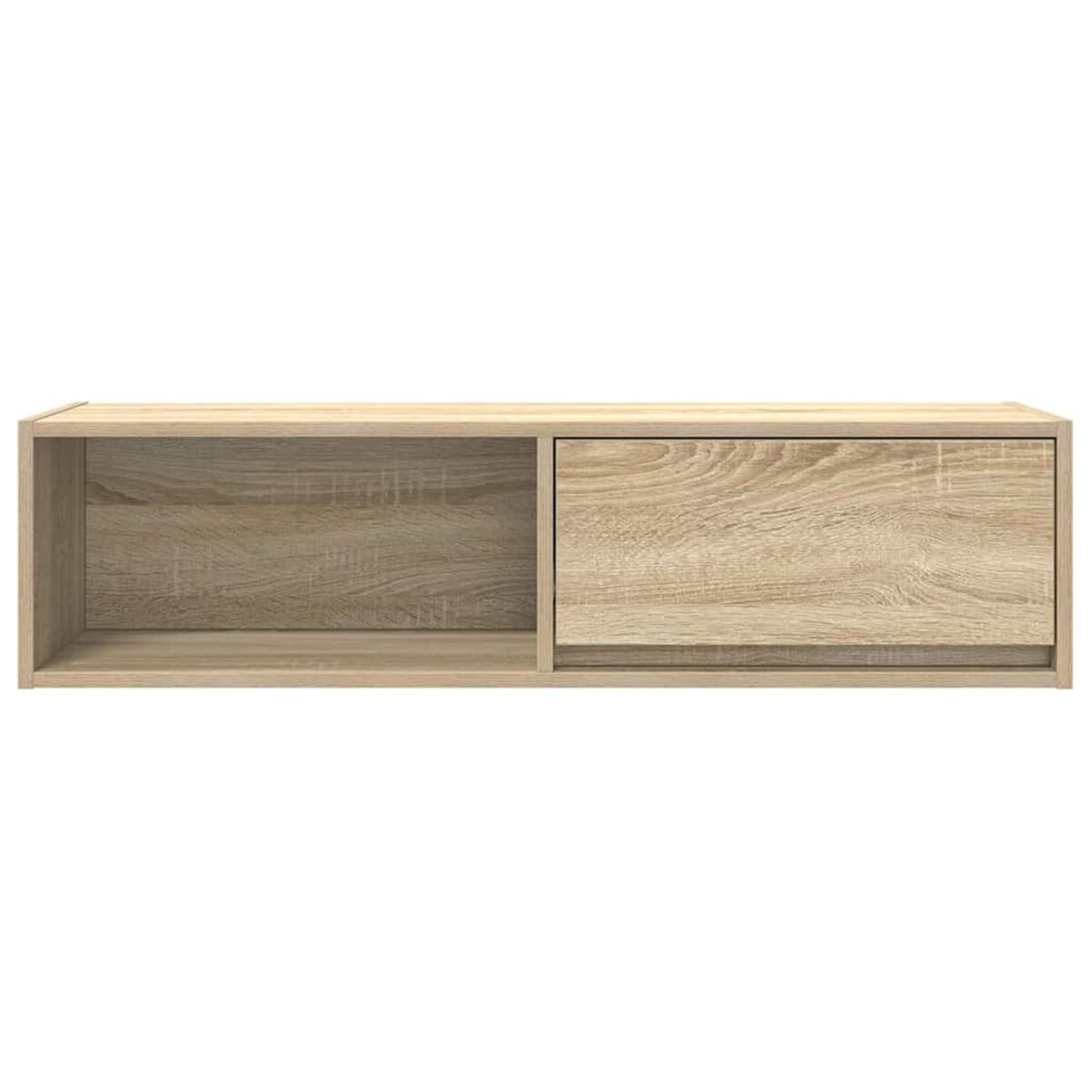 Ein hellbraunes Wandregal aus Holz. Es hat ein offenes Fach links und eine geschlossene Schublade rechts.