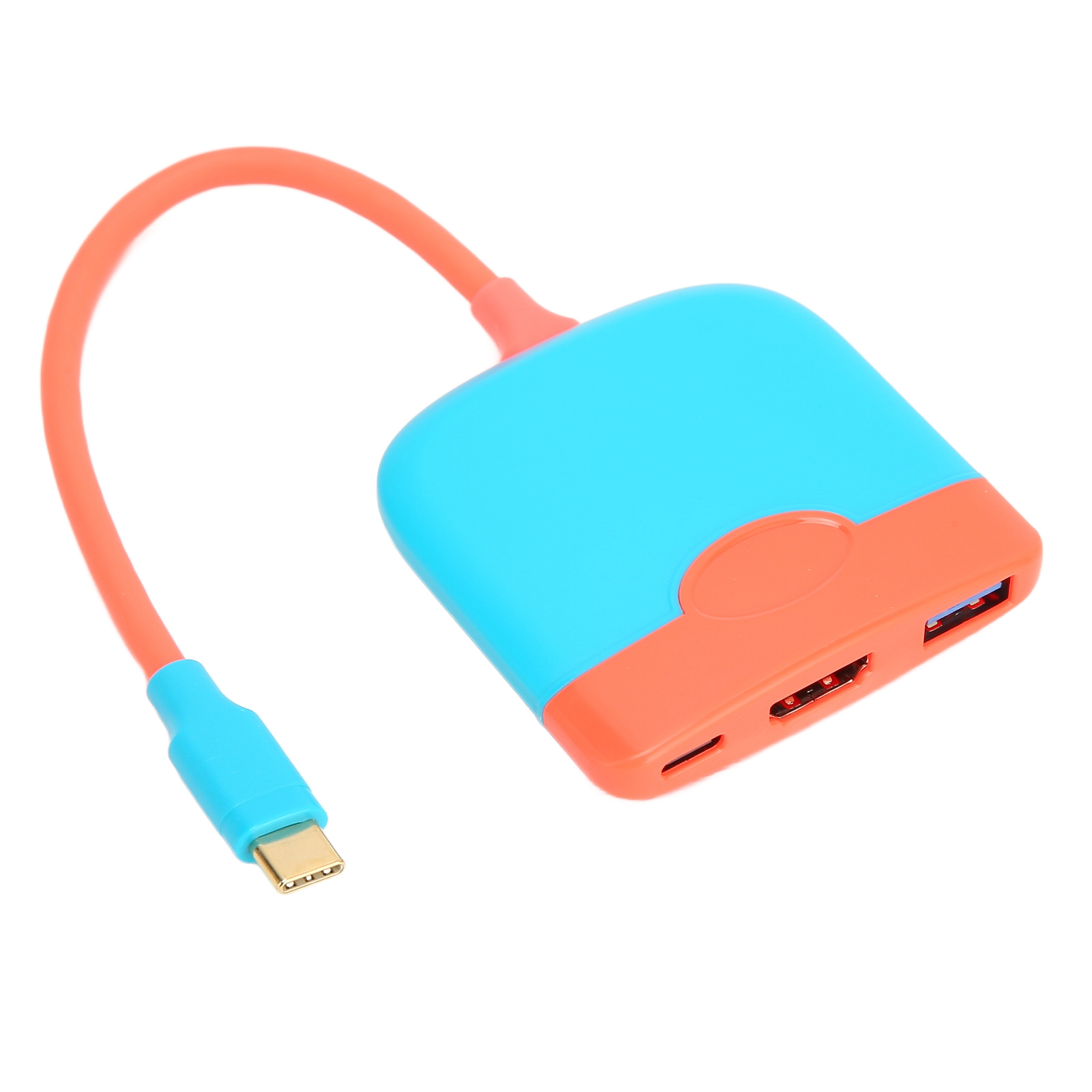 Ein blau-oranger USB-C-Hub mit orangefarbenem Kabel und blauem USB-C-Anschluss auf weißem Hintergrund.