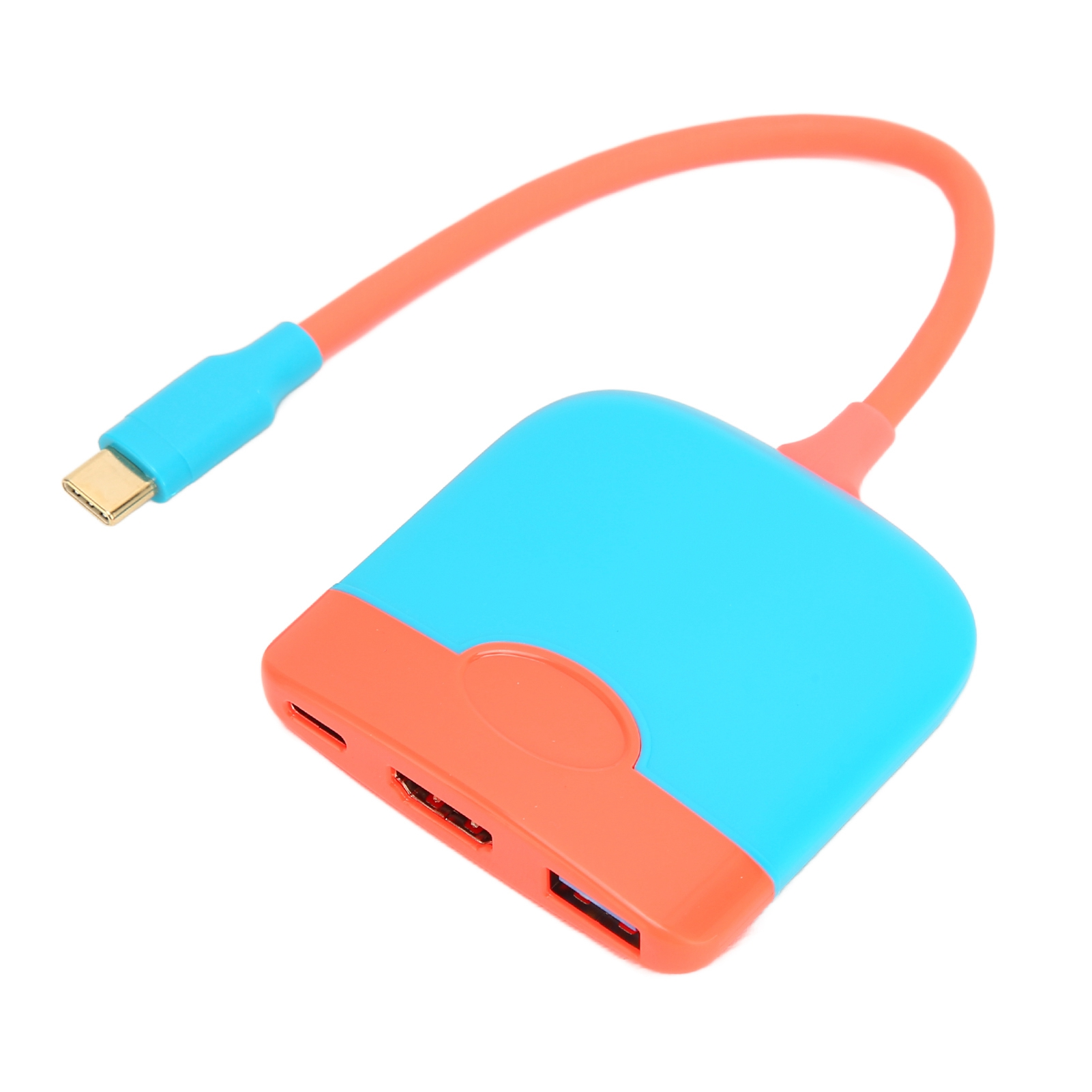 Ein farbenfroher USB-C-Hub. Er hat ein blaues Gehäuse mit orangefarbenen Akzenten und ein orangefarbenes Kabel, einen blauen USB-C-Anschluss. Weißer Hintergrund.