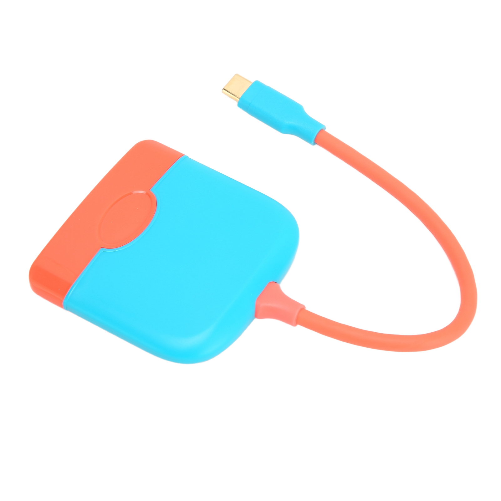Ein blau-oranger Adapter mit USB-C-Anschluss und Kabel. Er befindet sich auf weißem Hintergrund.