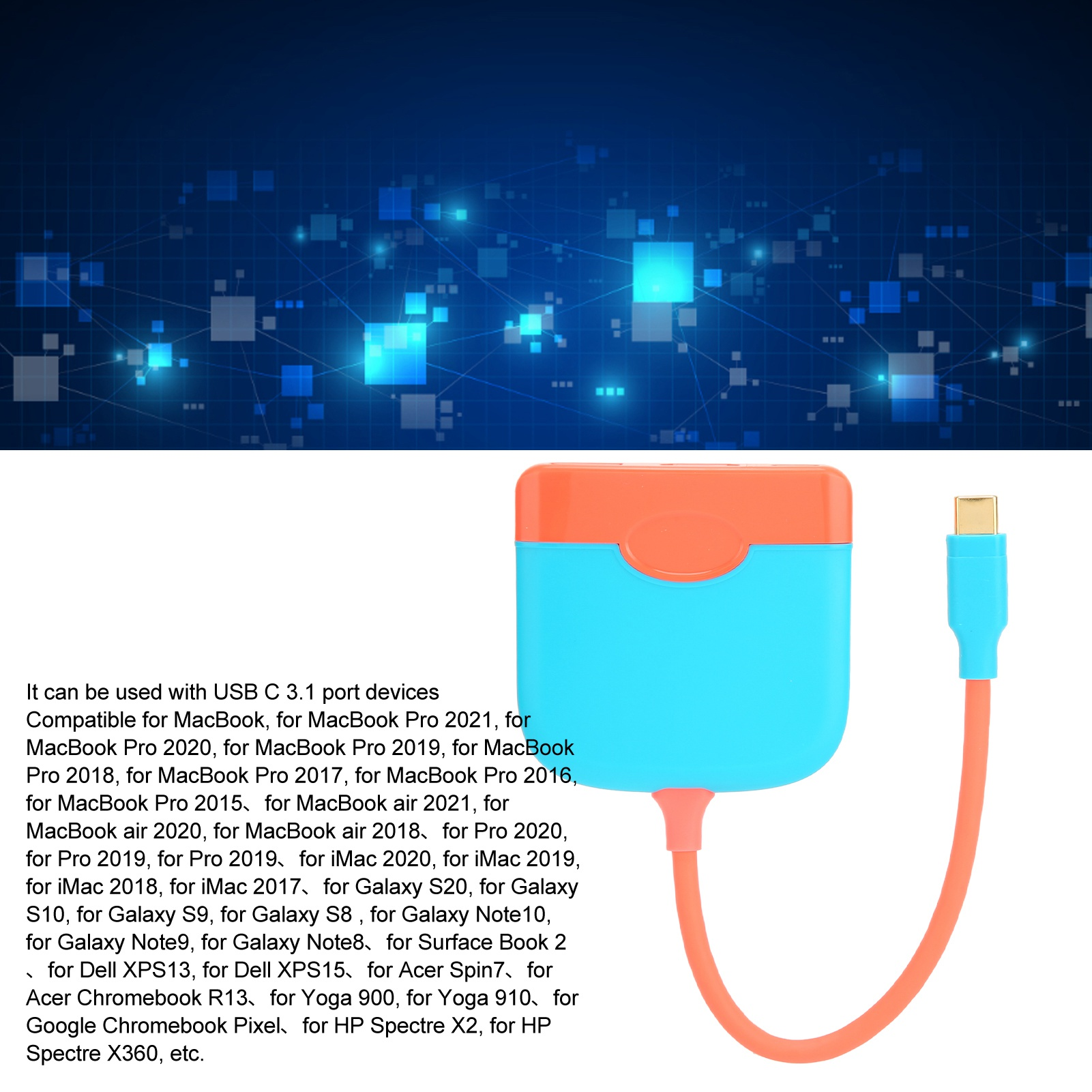 Ein blau-oranger Adapter mit einem goldfarbenen USB-C-Kabel vor einem blauen digitalen Hintergrund.