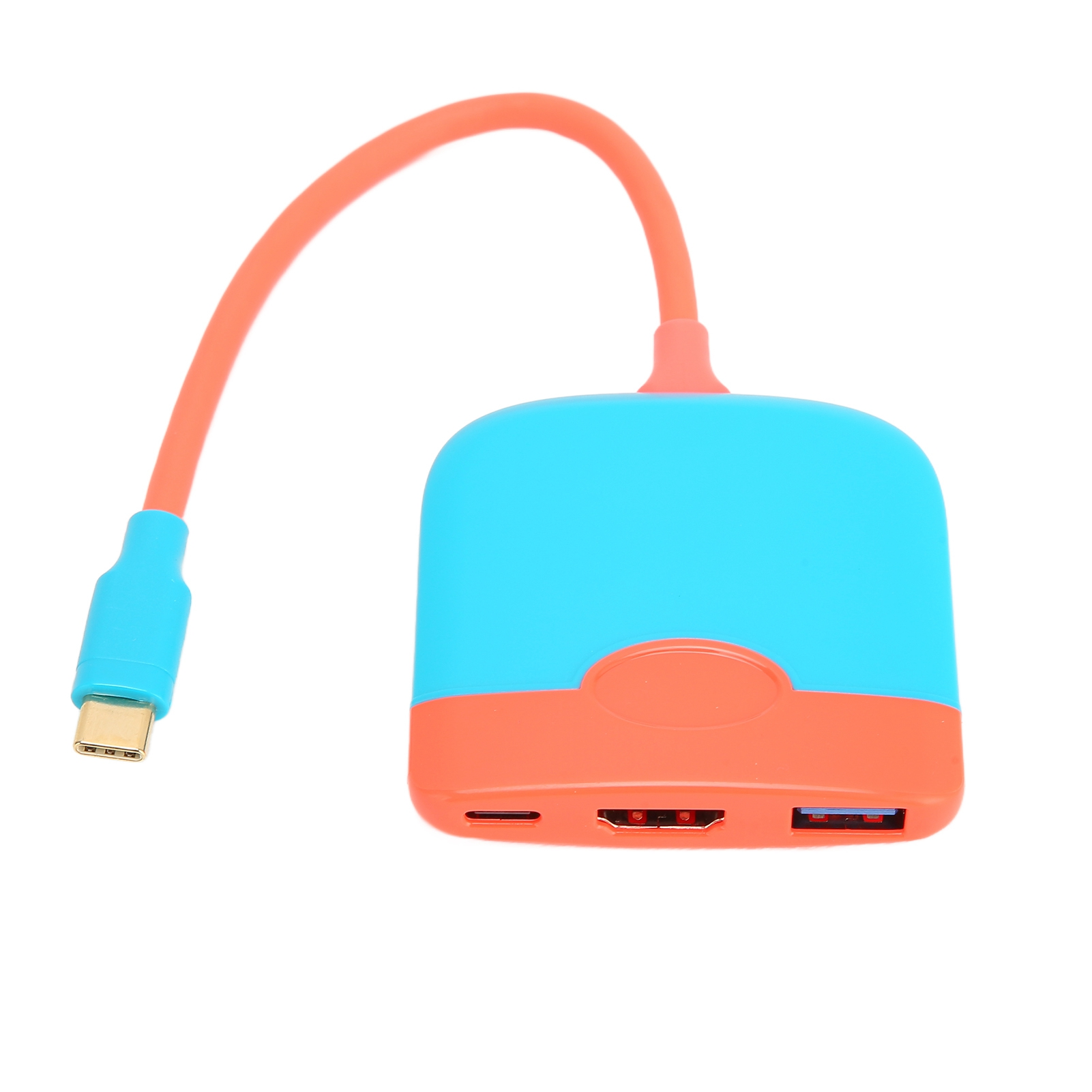 Ein blau-oranger USB-C-Hub-Adapter mit einem gebogenen orangefarbenen Kabel. Er verfügt über HDMI- und USB-Anschlüsse.