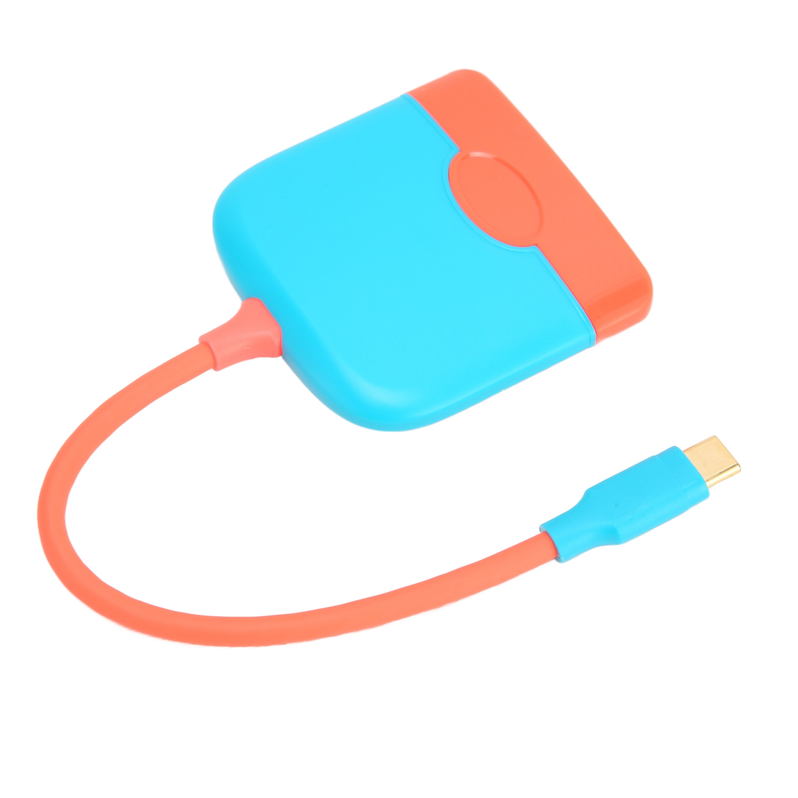 Ein farbenfroher USB-C-Adapter mit blauem und orangefarbenem Gehäuse. Das Kabel ist orange, mit einem blauen Stecker.