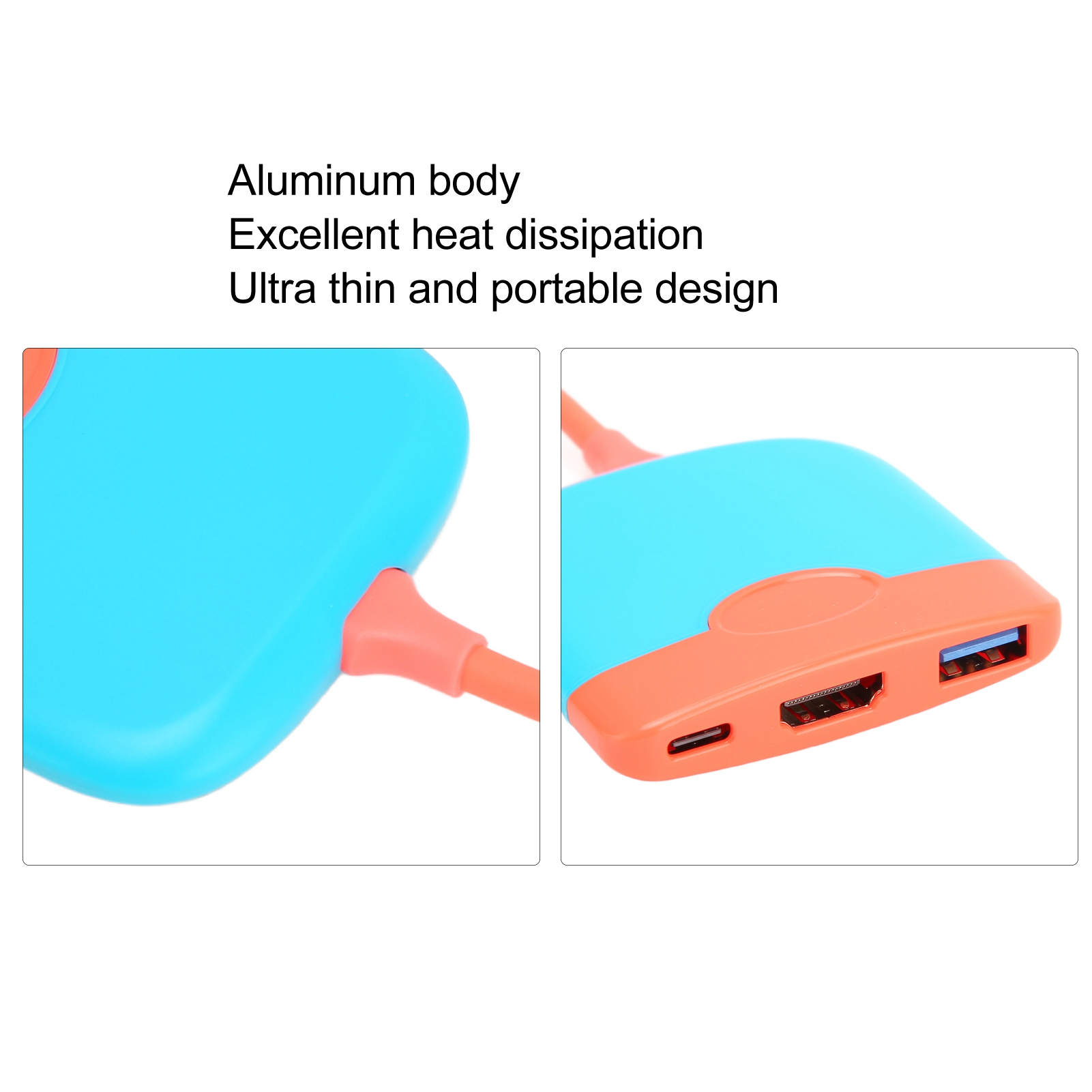 Blau-oranger USB-Hub. Zeigt Anschlüsse und Kabel. Text: Aluminiumgehäuse, Hervorragende Wärmeableitung, Ultradünnes und tragbares Design.