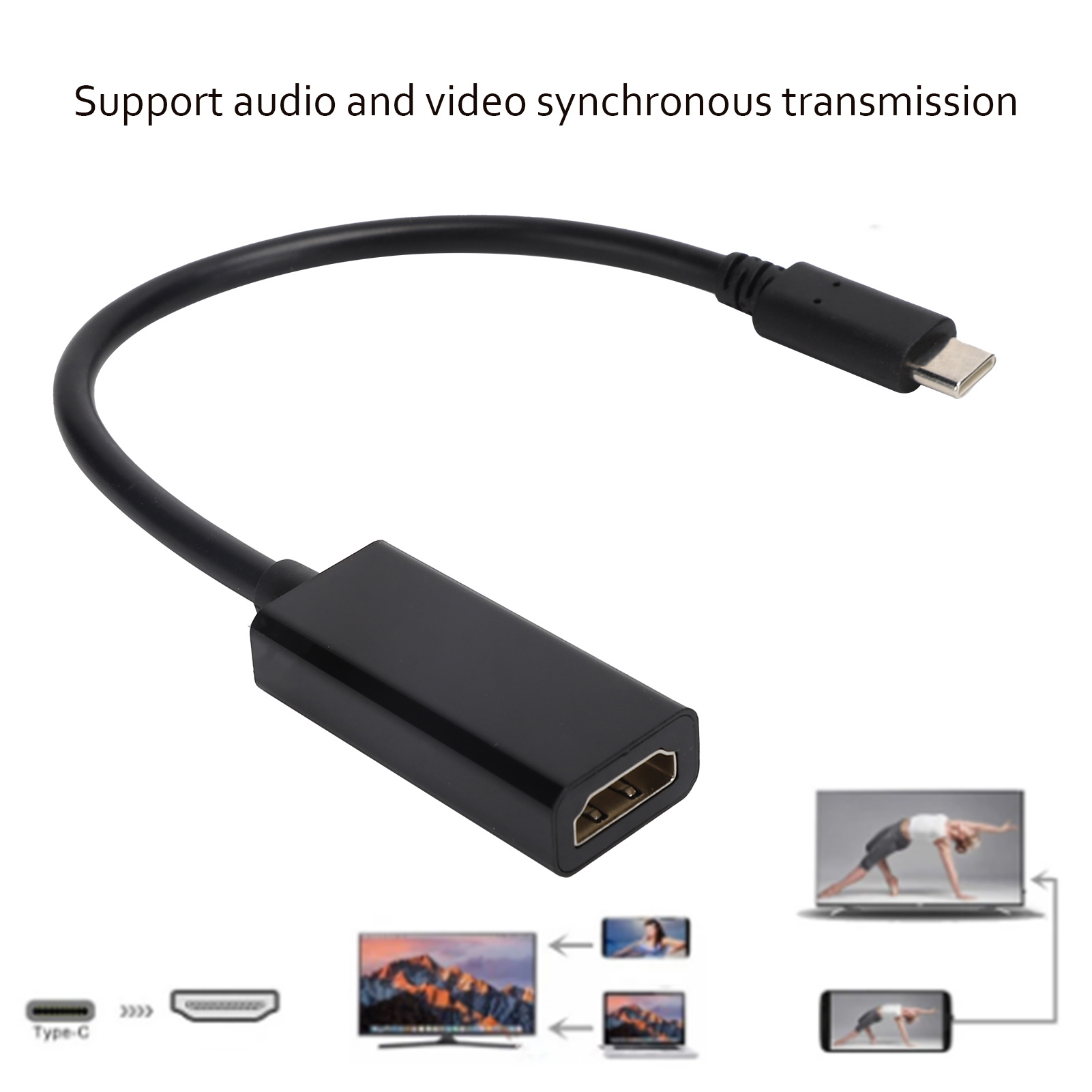 Schwarzes Adapterkabel mit USB-C- und HDMI-Anschlüssen, Text lautet 'Unterstützt die synchrone Audio- und Videoübertragung'.