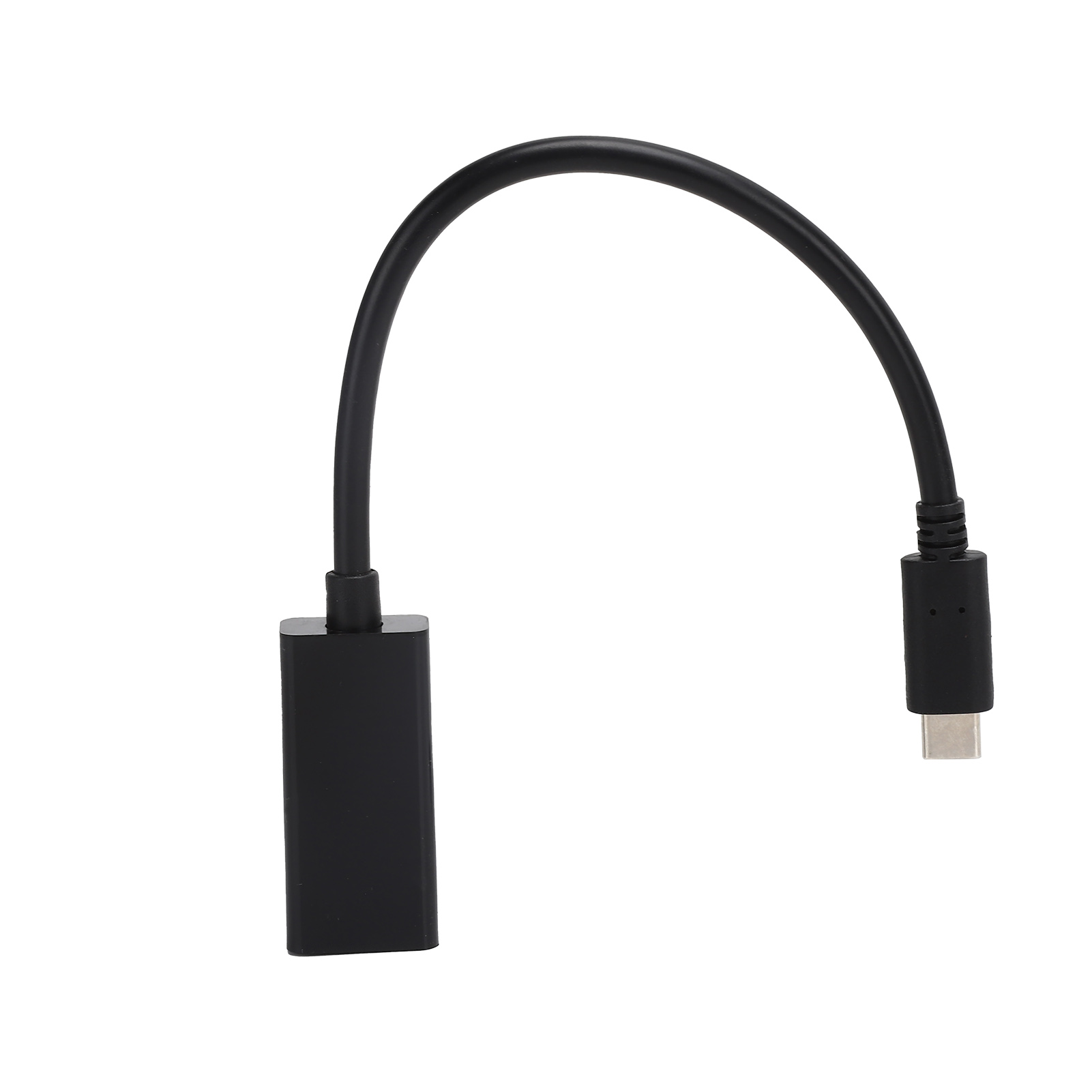 Schwarzes Adapterkabel mit USB-C-Anschlüssen. Das Kabel hat eine gebogene Form und verbindet zwei rechteckige Blöcke.