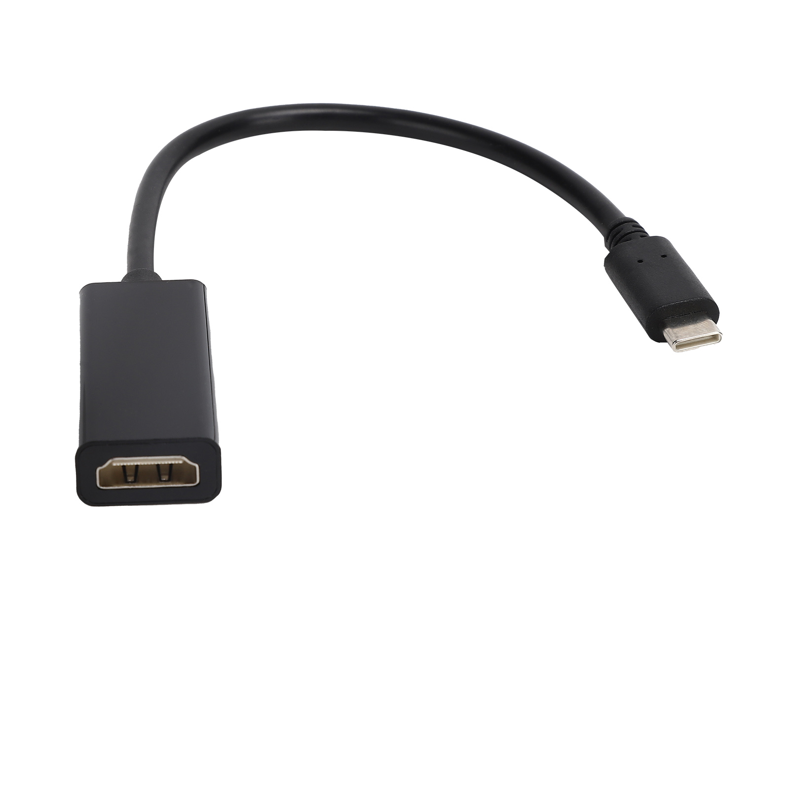Ein schwarzes USB-C-zu-HDMI-Adapterkabel auf weißem Hintergrund.