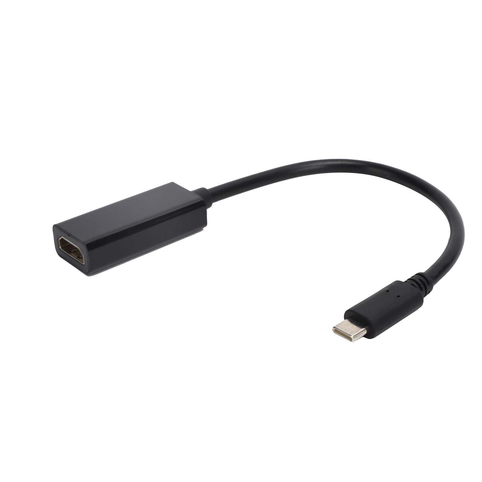 Schwarzes HDMI-zu-USB-C-Adapterkabel. Ein Ende hat einen HDMI-Anschluss, das andere einen USB-C-Anschluss.