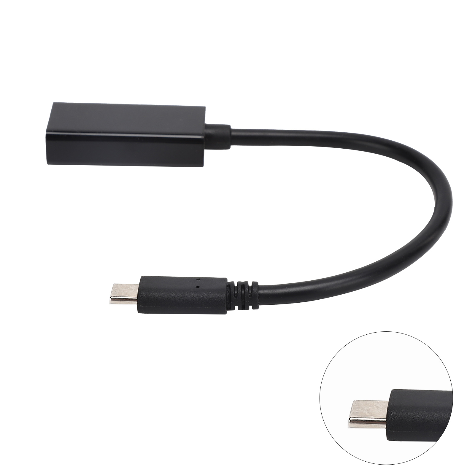 Ein schwarzes USB-C-Adapterkabel. Ein Ende ist ein Rechteck, das andere ein USB-C-Anschluss. Kabel verläuft in einem Bogen.