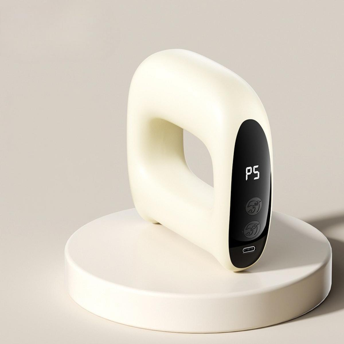 Cremefarbenes Gerät mit Griff. Es hat ein schwarzes Display mit 'P5' und Tasten. Es steht auf einem weißen, kreisförmigen Ständer.