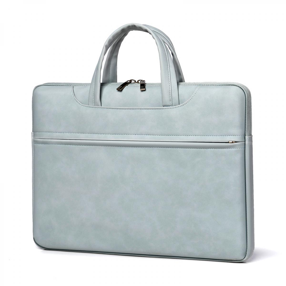 Hellblaue Laptoptasche mit Griffen und Reißverschluss. Die Tasche befindet sich auf weißem Hintergrund.