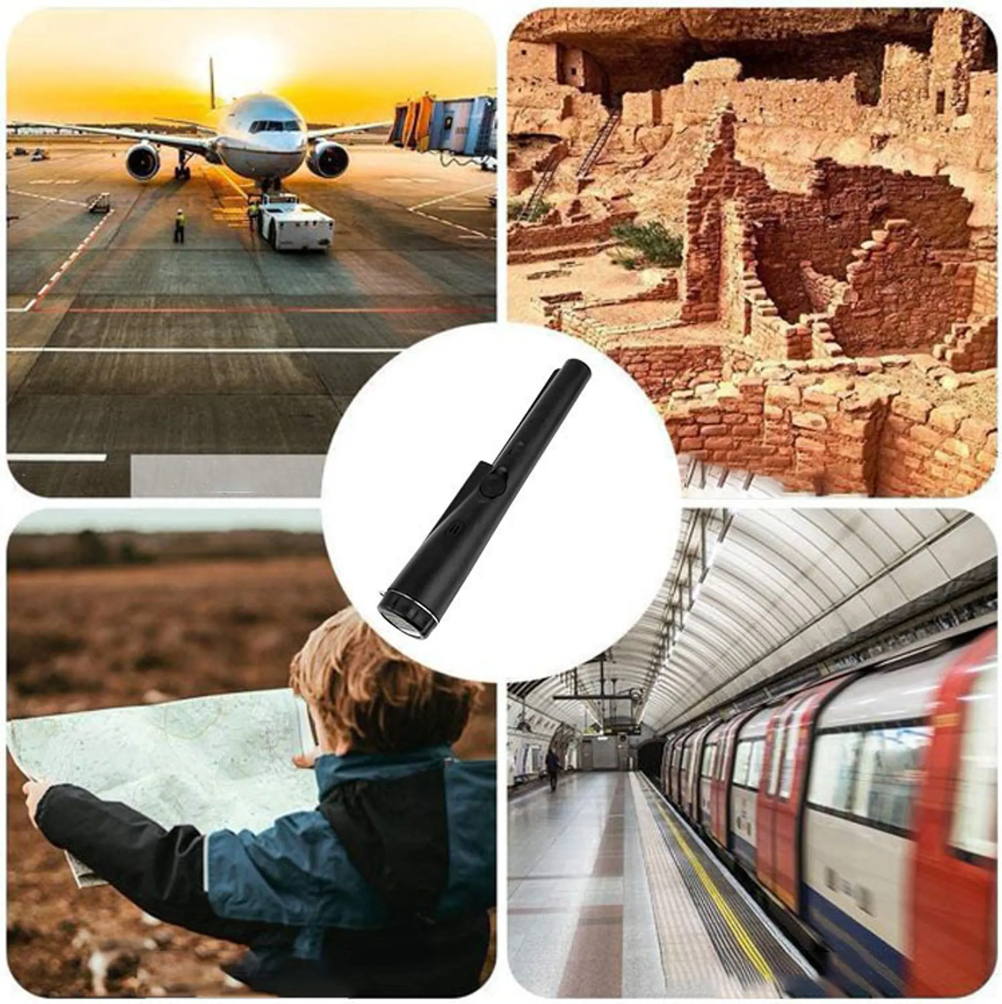 Bildcollage: Flugzeug, antike Ruinen, Kind mit Karte, U-Bahn-Zug und ein schwarzer Metalldetektor.
