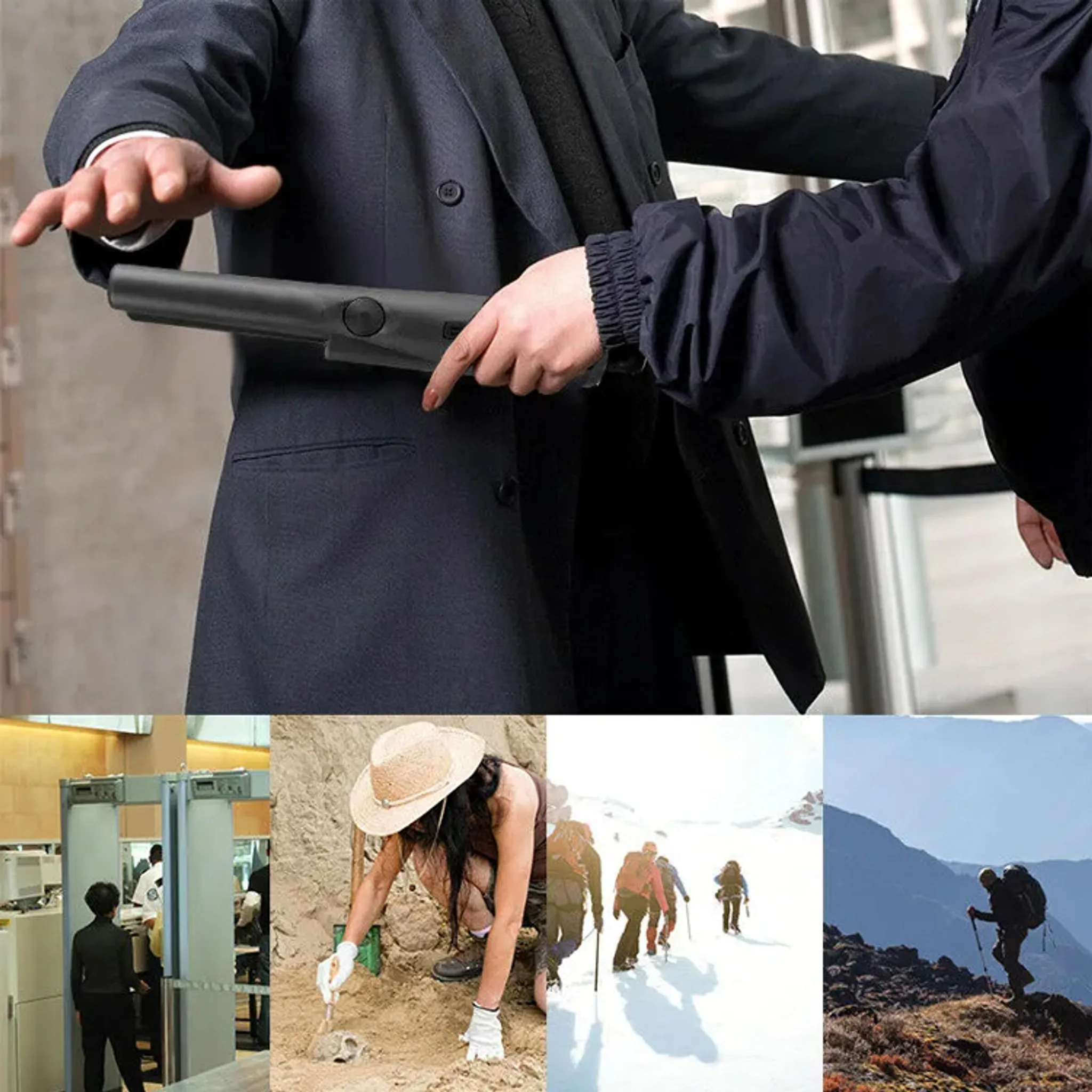 Eine Person wird mit einem Handmetalldetektor gescannt. Andere Szenen zeigen Menschen am Flughafen, beim Wandern und einen Archäologen.