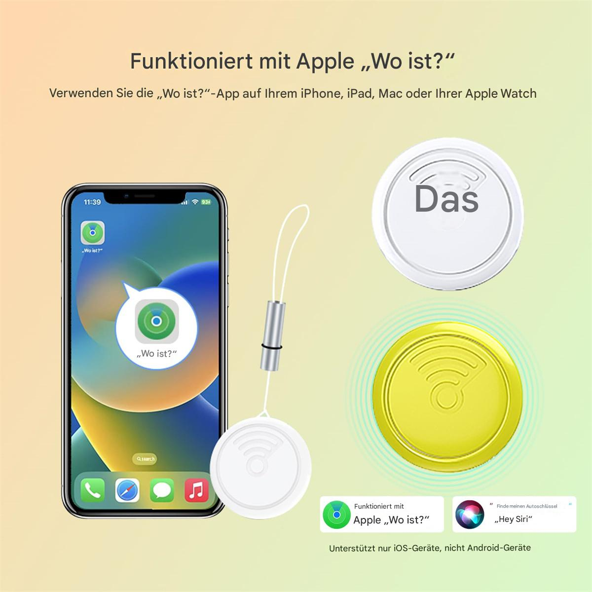 Ein iPhone zeigt die App 'Wo ist?'. Ein weißer und gelber Tracker sind abgebildet. Text: 'Funktioniert mit Apple'.